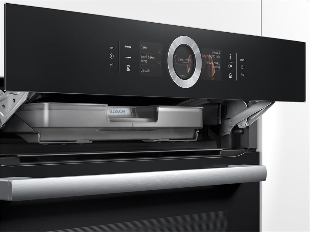Bosch HMG7361B1, Serie 8 smarter Einbau-Backofen mit Mikrowellenfunktion, 60 x 60 cm, Made in Germany, Schwarz, Air Fry, Digitaler Bedienring, Touchdisplay, Automatikprogramme, Reinigungsunterstützung