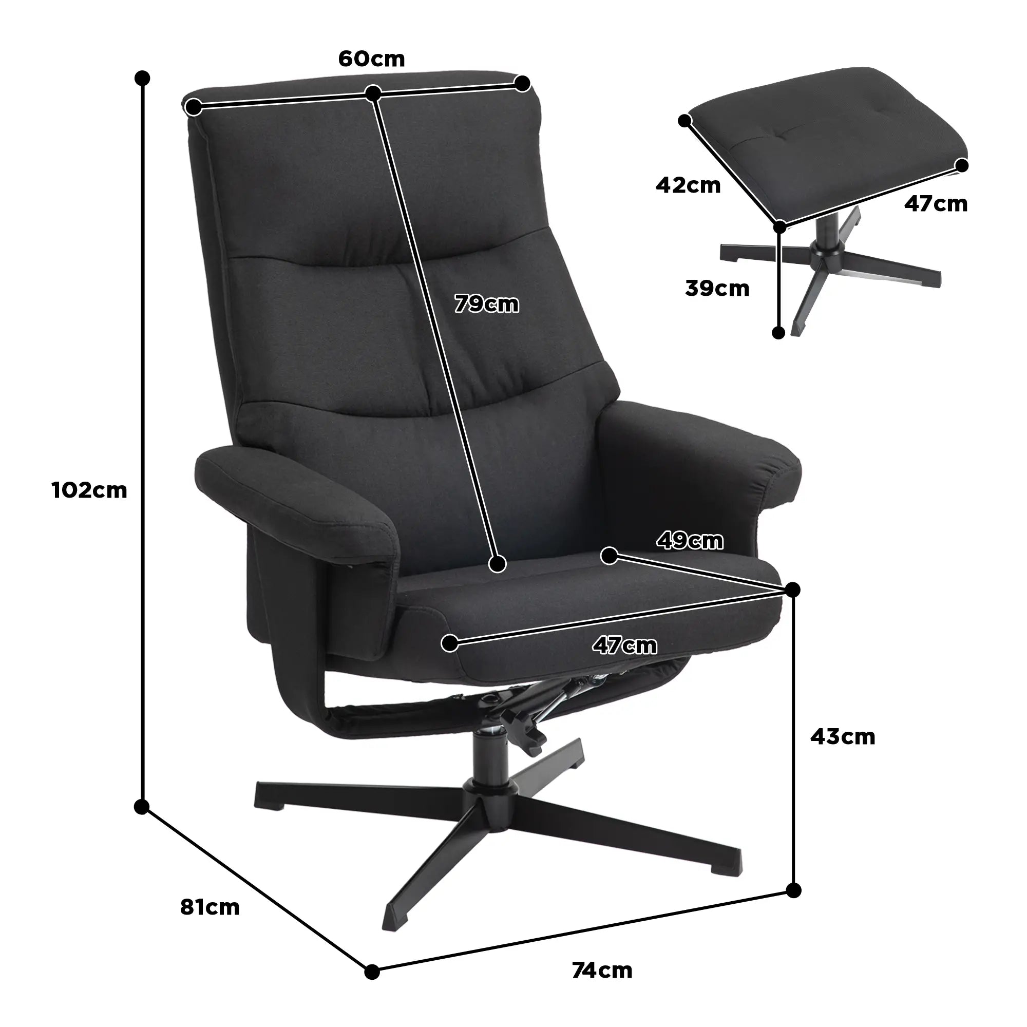 HOMCOM Relaxsessel mit Hocker & Liegefunktion Schwarz