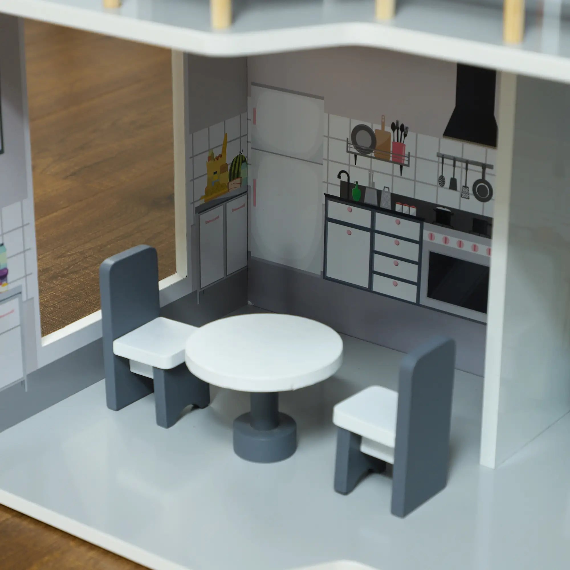 AIYAPLAY Puppenhaus Holz 3-stöckig mit 13 Möbeln offenes Spiel