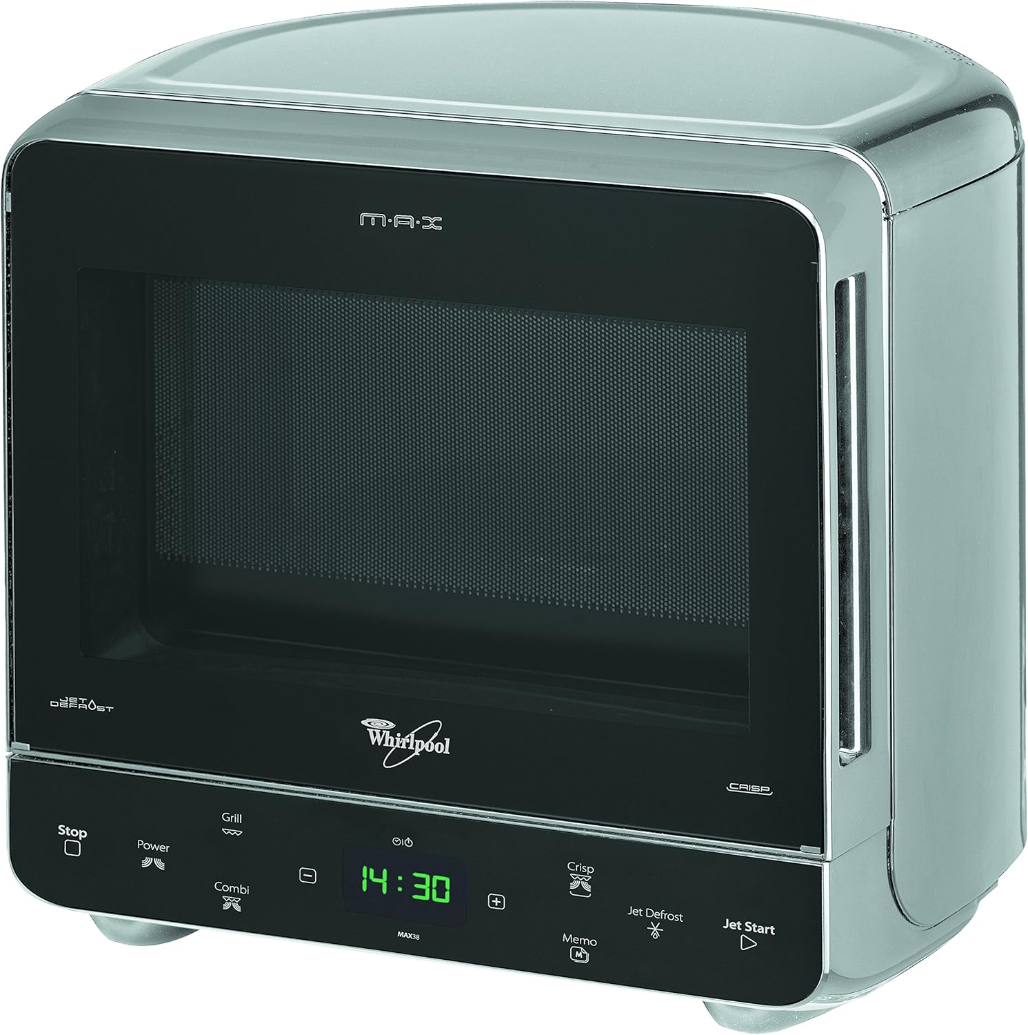 Whirlpool MAX 38 SL Kombination Grill und Mikrowelle / 700 W / 13 L Garraum / Crisp Funktion / Super-Kompakt Design besonders platzsparend in Ecken / Grill / Schnellauftau-Funktion, Silber