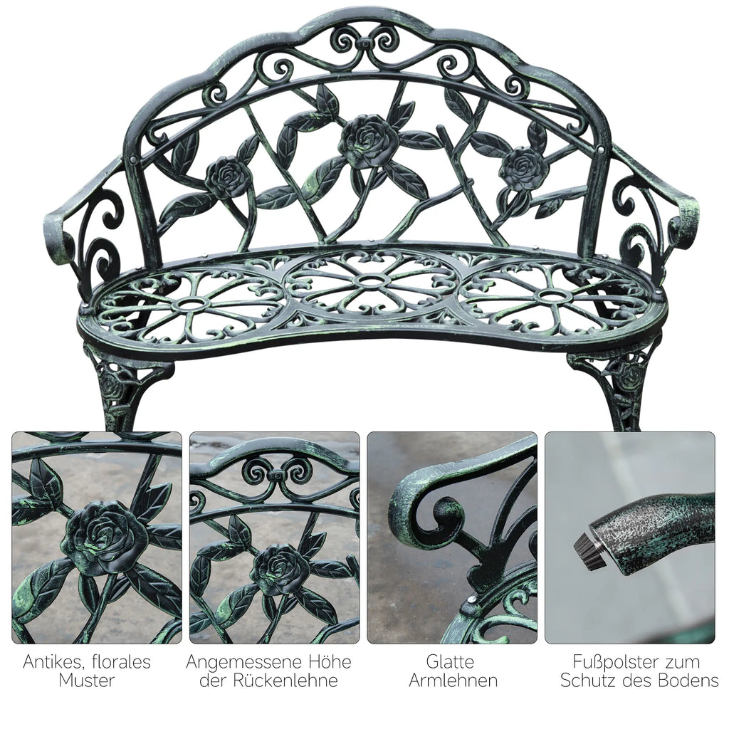 Outsunny Gartenbank 2-Sitzer Blumenmuster Gussaluminium Antik Grün