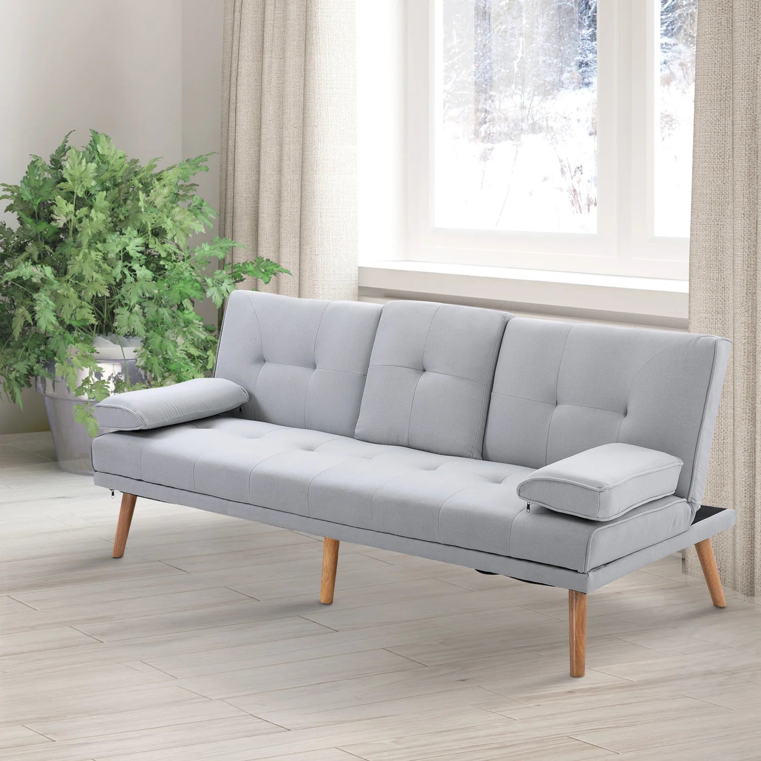 HOMCOM Schlafsofa 3-Sitzer mit verstellbarer Rückenlehne & Tisch hellgrau