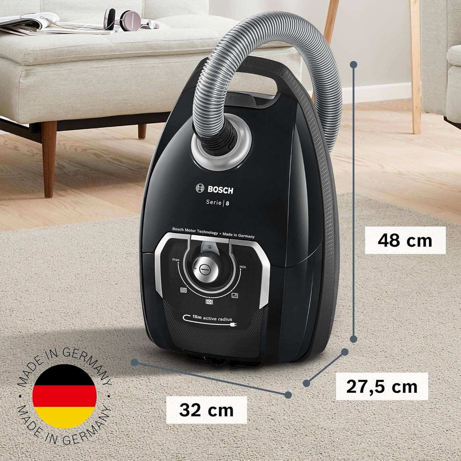 Bosch Staubsauger mit Beutel Serie 8 BGB75X494, Bodenstaubsauger, ideal für Allergiker, Hygiene-Filter, Bodendüse für Parkett, Teppich, Fliesen, langes Kabel, leise, 650 W, blau