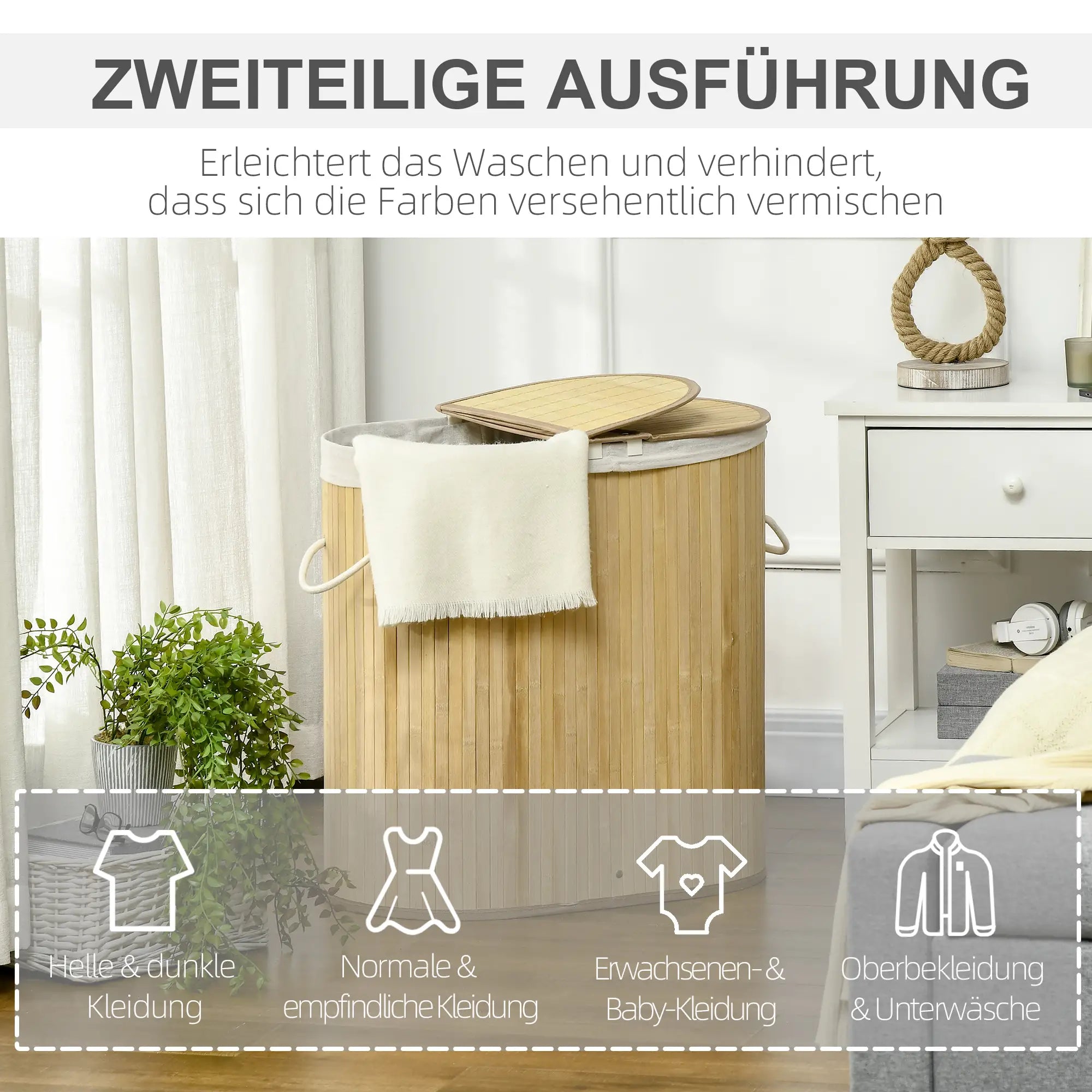 HOMCOM Wäschekorb 2 Fächer mit Deckel Bambus