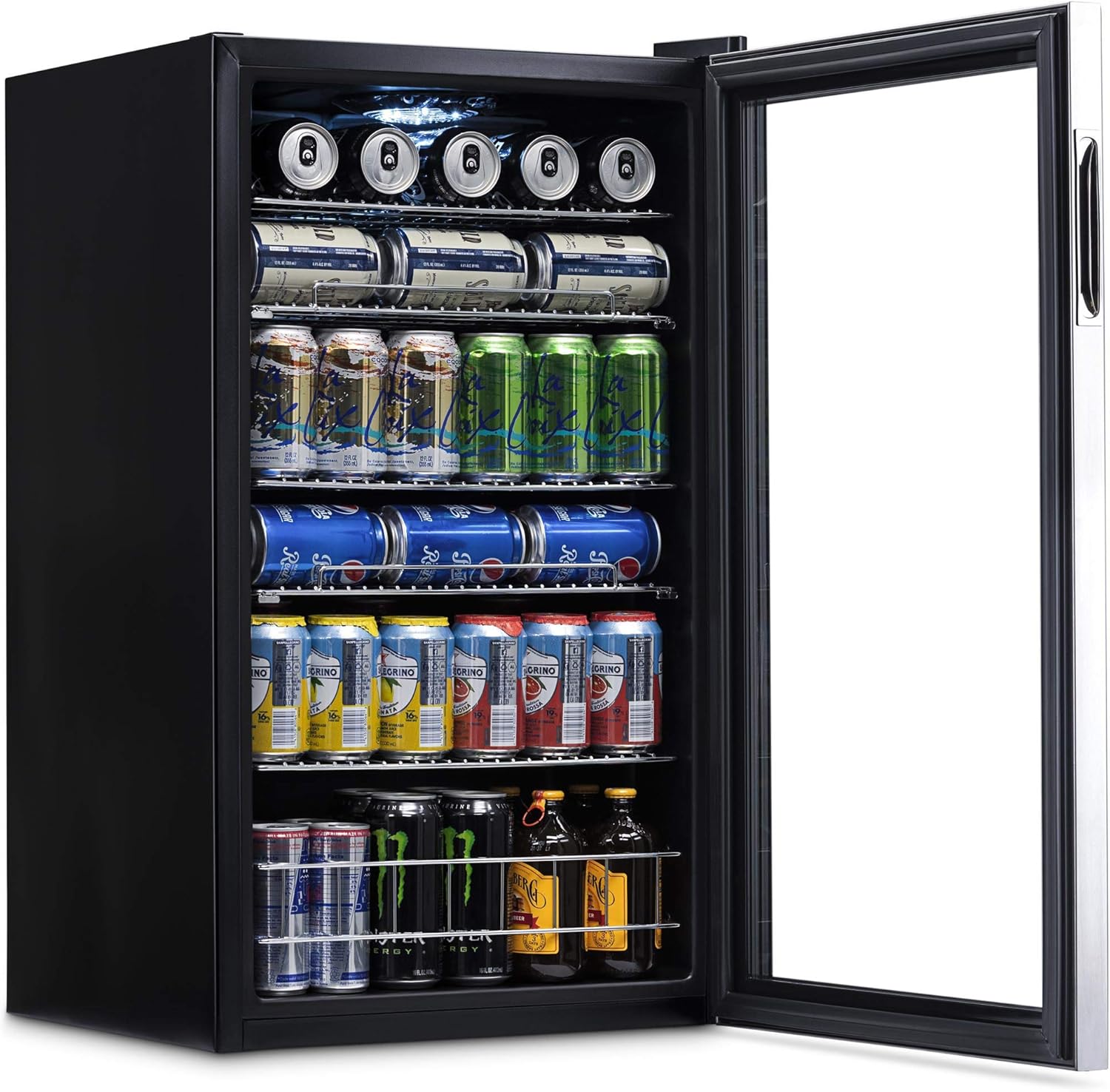 Getränkekühlschrank | Freistehender Kühlschrank für 126 Dosen mit Glastür mit Scharnier rechts | Mini-Getränkekühlschrank, perfekt für Bier, Wein, Limonade und kühlere Getränke