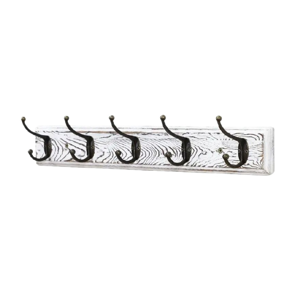 Porte-manteau mural, Bois blanc, 5 crochets avec crochets en bronze antique