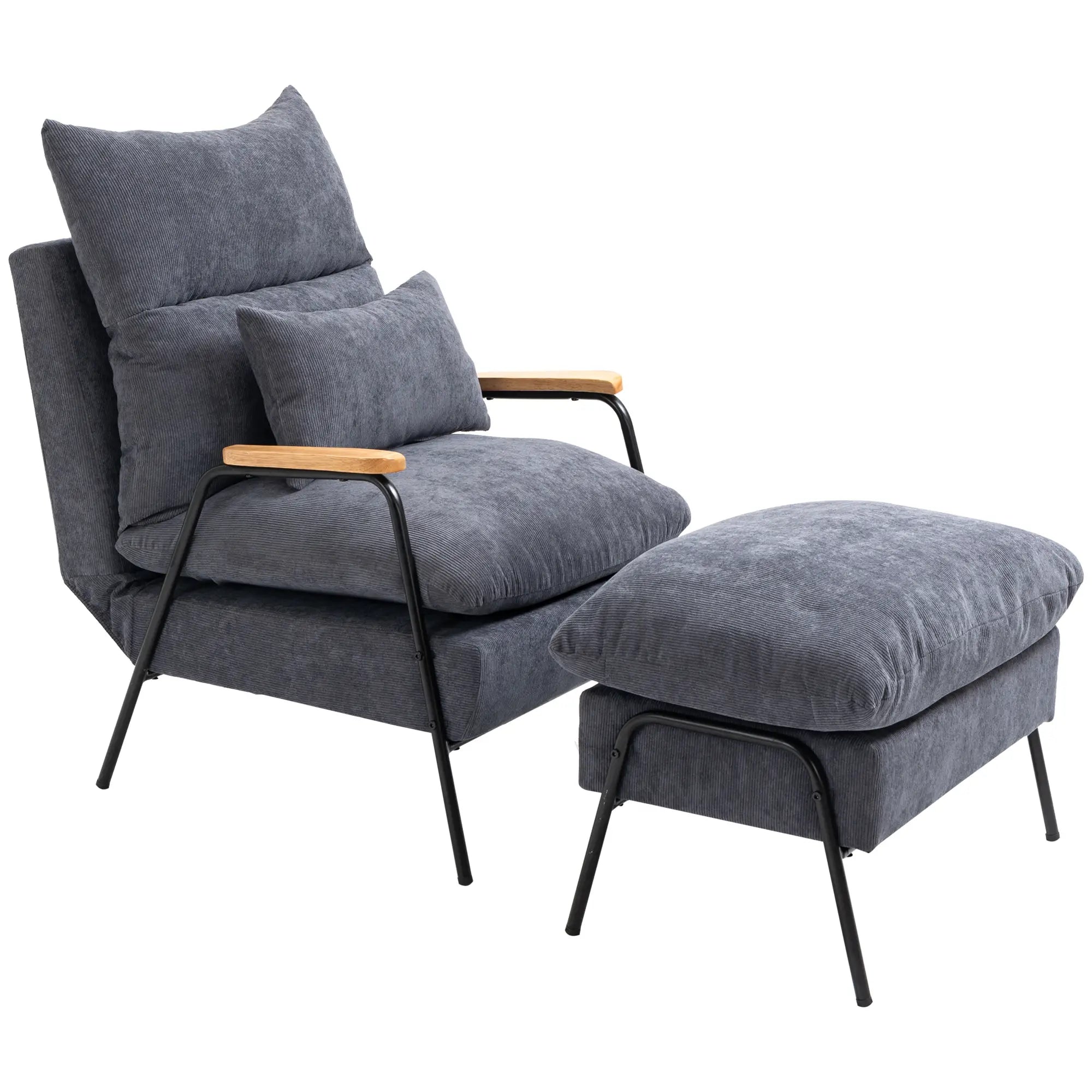 HOMCOM Relaxsessel mit Hocker verstellbare Rückenlehne Set Cord Grau