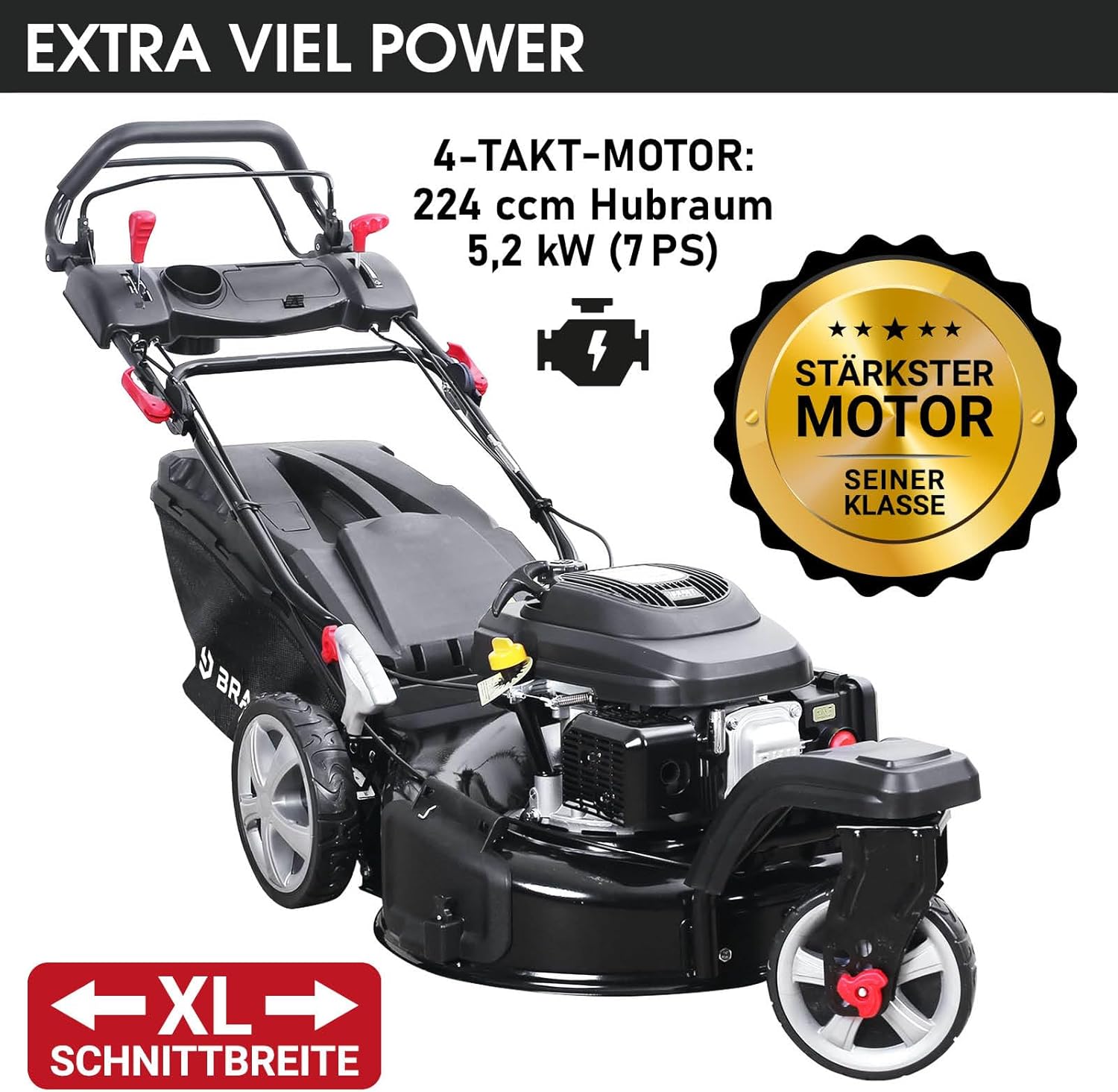 BRAST® Benzin Rasenmäher Trike mit Antrieb | 5,2kW(7PS) | 53cm Schnittbreite | viele Modelle | TÜV | 4 Takt OHV Motor | 30-80mm Schnitthöhe | 60L Fangkorb | Stahlgehäuse | Speed