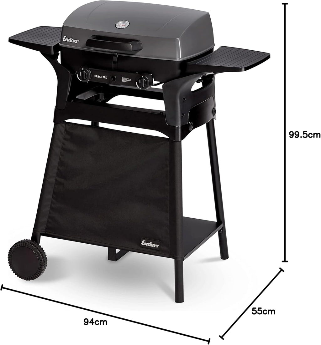 EndersGasgrill Urban II Pro, Tischgrill, Grillen-, Kochen- und Backen Funktion, 2 Brenner Edelstahl, mit Grill-Thermometer, Balkon-, Camping-Grill, Aluguss-Gehäuse, Gusseisen-Rost, #2062