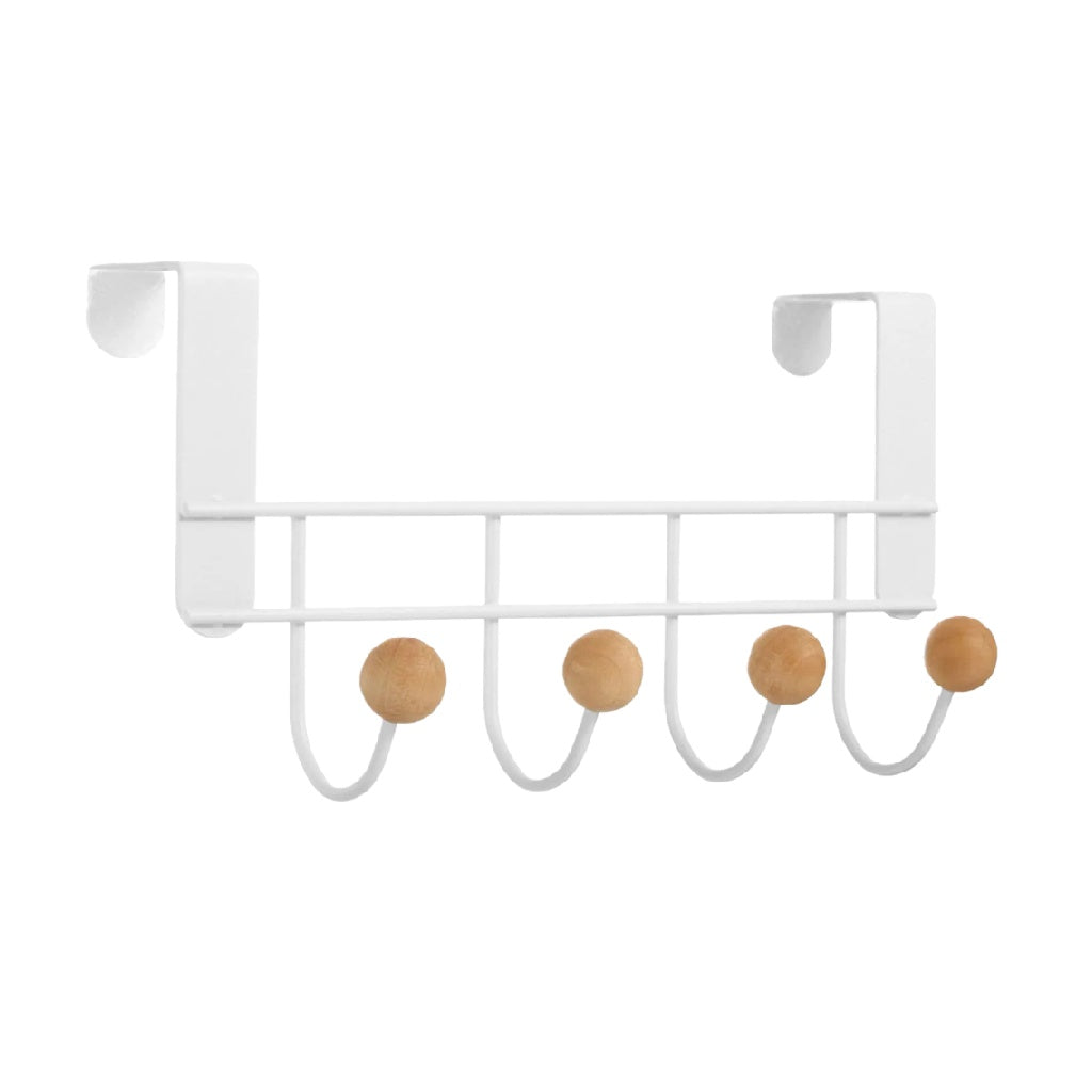 Crochet mural avec 4 crochets en métal et boules en bois, Blanc
