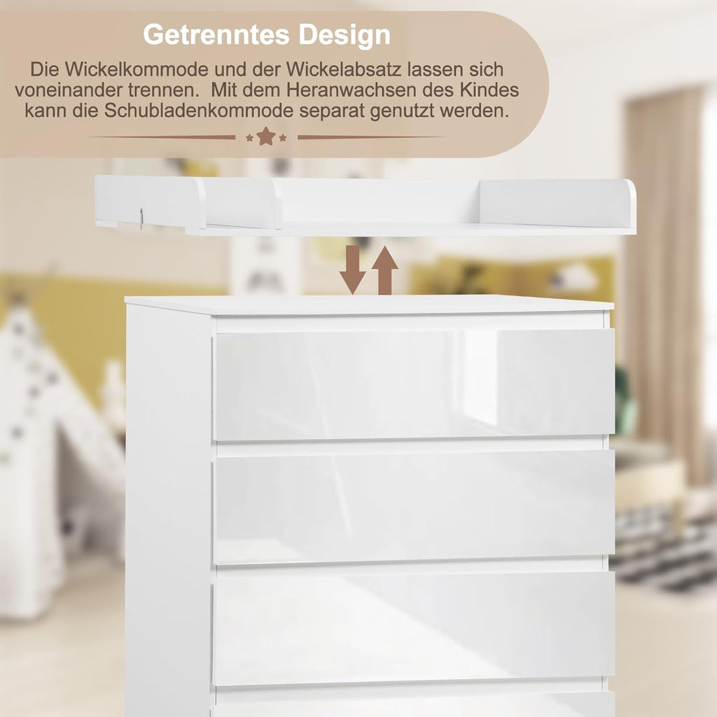 WOLTU Wickelkommode mit abnehmbarer Wickelaufsatz, Wickeltisch Baby, Wickelregal, Kommode mit 4 Schubladen, Höhe 110 cm, Weiß + Hochglanz Weiß
