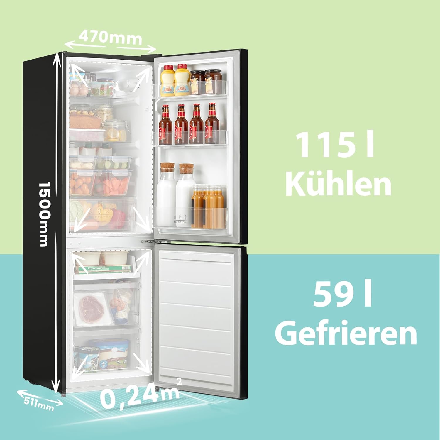 Comfee' RCB169DK3 Kühlschrank mit Gefrierfach 150cm Höhe/Kühl-/Gefrierkombination/Low Frost/174L/leise Kühlgefrierkombi 38dB/Einstellbare Kühlschranktemperatur/LED-Licht/156 kWh/Jahr/Schwarz