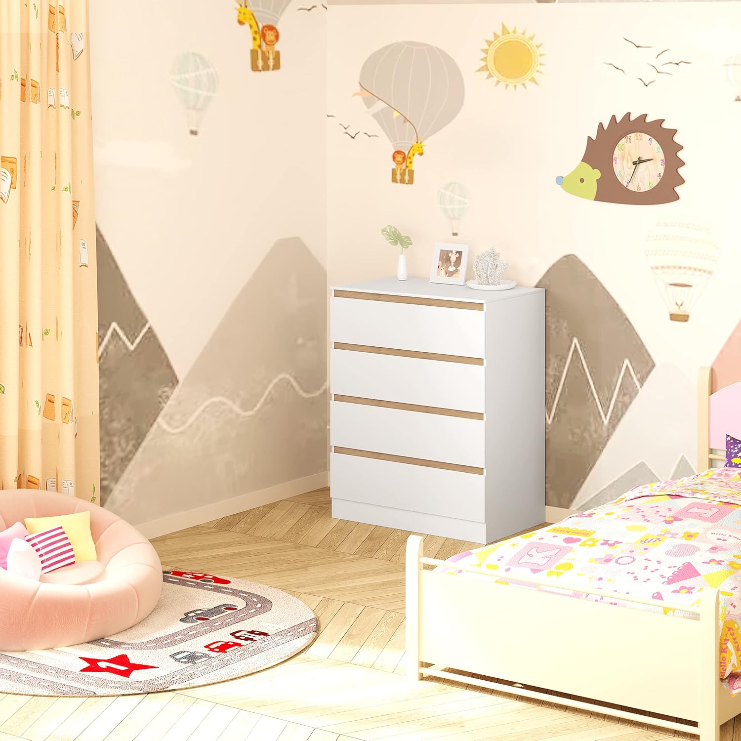 WOLTU Wickelkommode mit abnehmbarer Wickelaufsatz, Wickeltisch Baby, Wickelregal, Kommode mit 4 Schubladen, Höhe 110 cm, Weiß + Hochglanz Weiß
