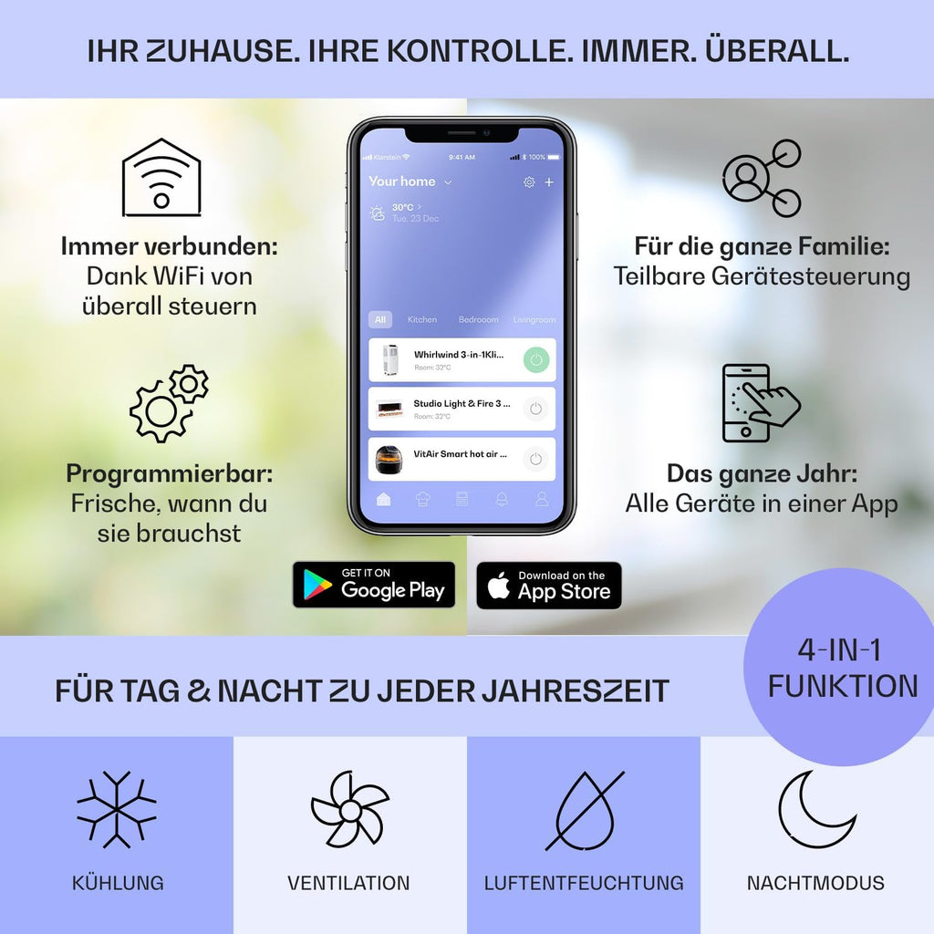 Klarstein Mobile Klimaanlage mit Abluftschlauch, 4-in-1 Klimagerät mit Ventilator, Luftentfeuchter & Nachtmodus, Kleine & Portable Klimaanlage für Wohnung & Büro, App-Steuerung, 12000 BTU