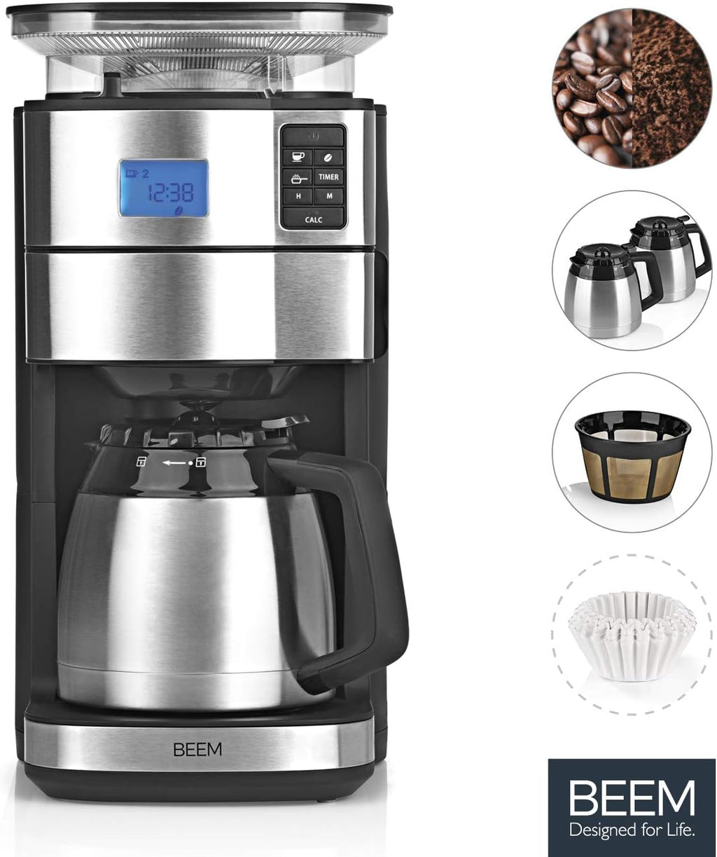 BEEM FRESH-AROMA-PERFECT II Filterkaffeemaschine mit Mahlwerk - Thermo | Edelstahl | Thermokanne | 24h-Timer | 1000 W | 180 g Bohnenbehälter