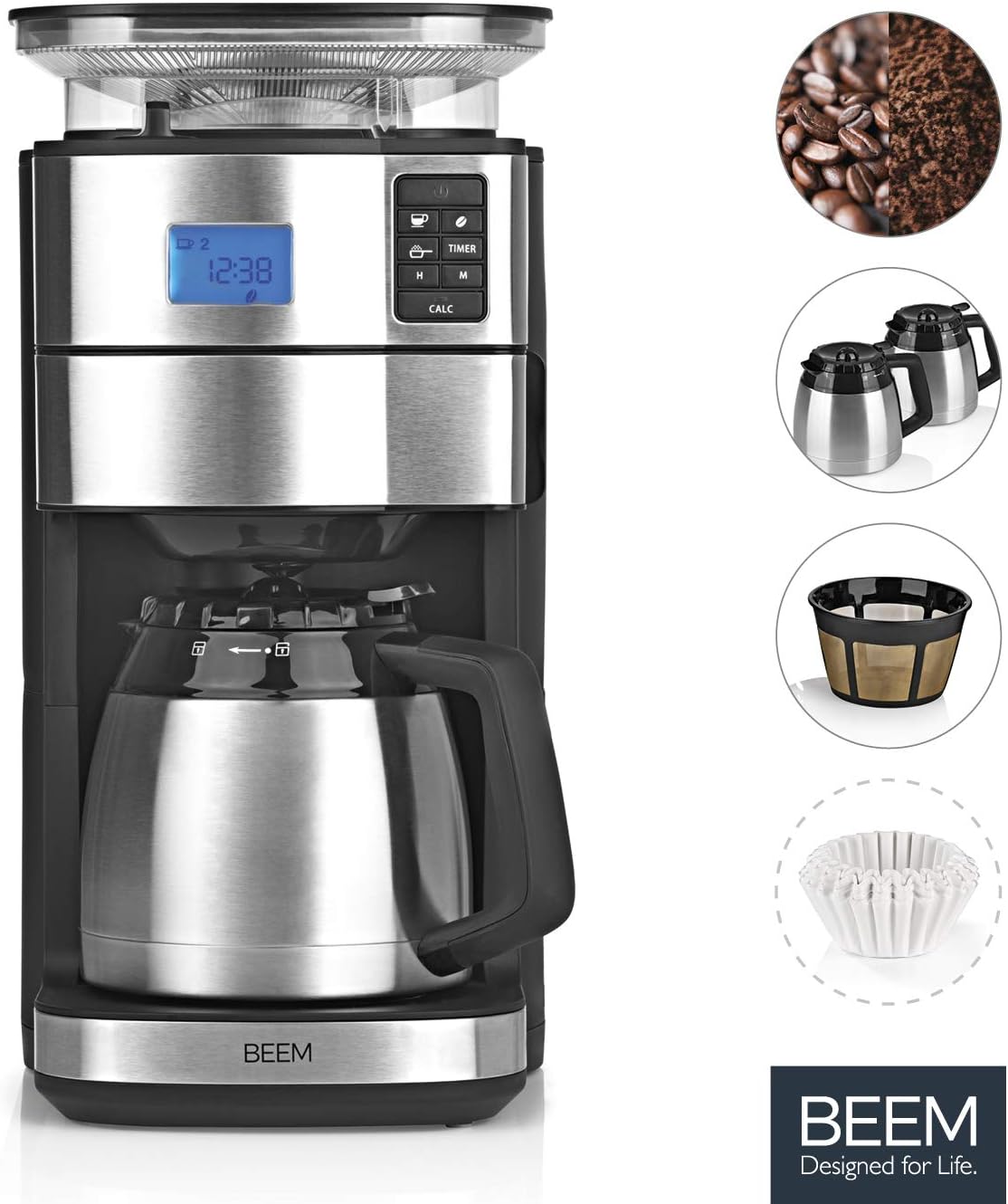 BEEM FRESH-AROMA-PERFECT II Filterkaffeemaschine mit Mahlwerk - Thermo | Edelstahl | Thermokanne | 24h-Timer | 1000 W | 180 g Bohnenbehälter