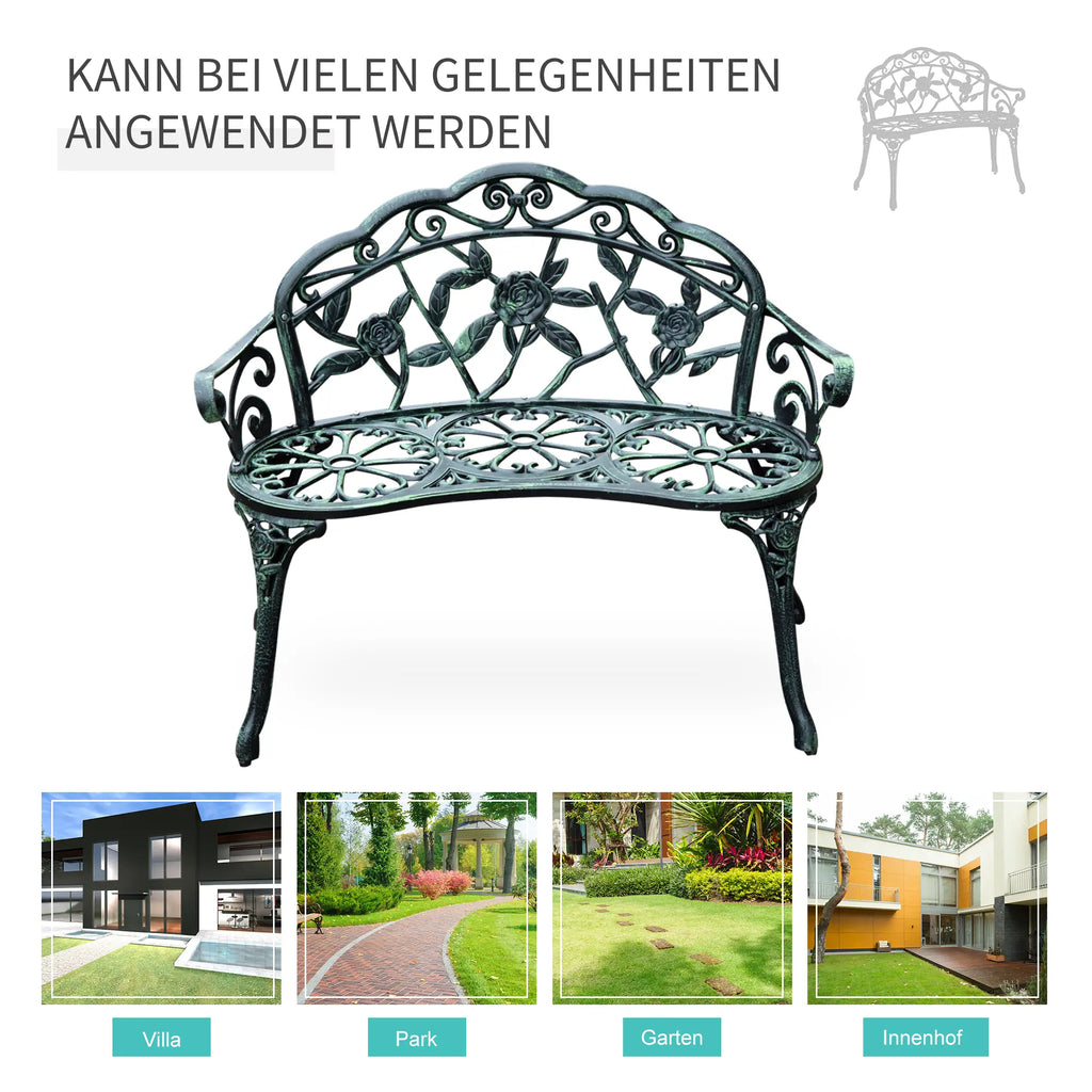 Outsunny Gartenbank 2-Sitzer Blumenmuster Gussaluminium Antik Grün