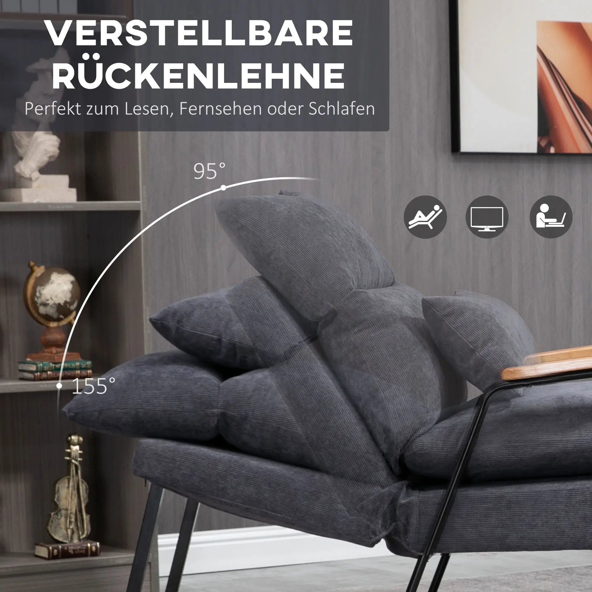 HOMCOM Relaxsessel mit Hocker verstellbare Rückenlehne Set Cord Grau