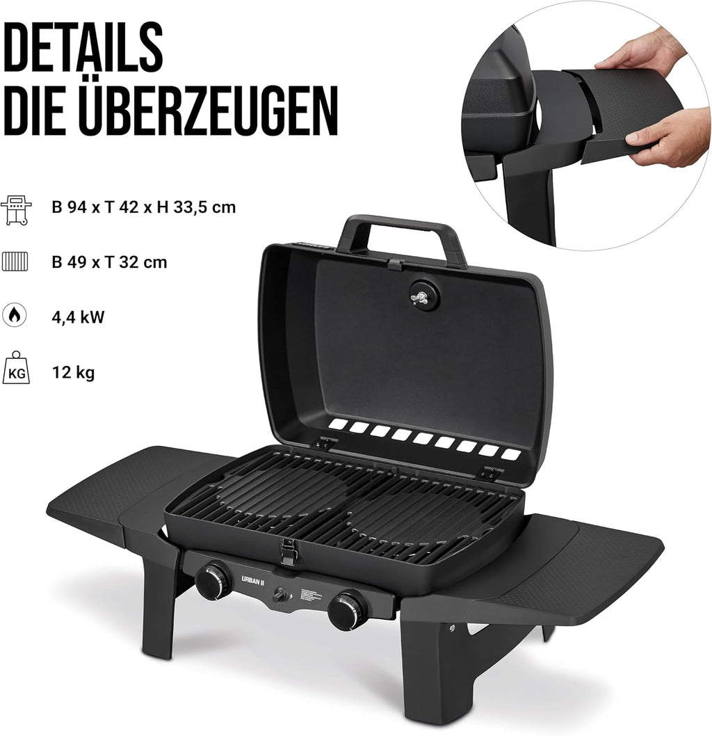 EndersGasgrill Urban II Pro, Tischgrill, Grillen-, Kochen- und Backen Funktion, 2 Brenner Edelstahl, mit Grill-Thermometer, Balkon-, Camping-Grill, Aluguss-Gehäuse, Gusseisen-Rost, #2062