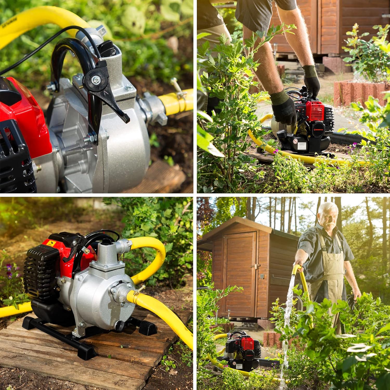 EBERTH 5,5PS Wasserpumpe mit 30.000l/h und 30m Förderhöhe, 2 Zoll Anschluss, Gartenpumpe Schmutzwasserpumpe mit 4-Takt-Motor und 7m Ansaughöhe, Benzin Pumpe, Seilzugstart, Metallfuß, Tragegriff