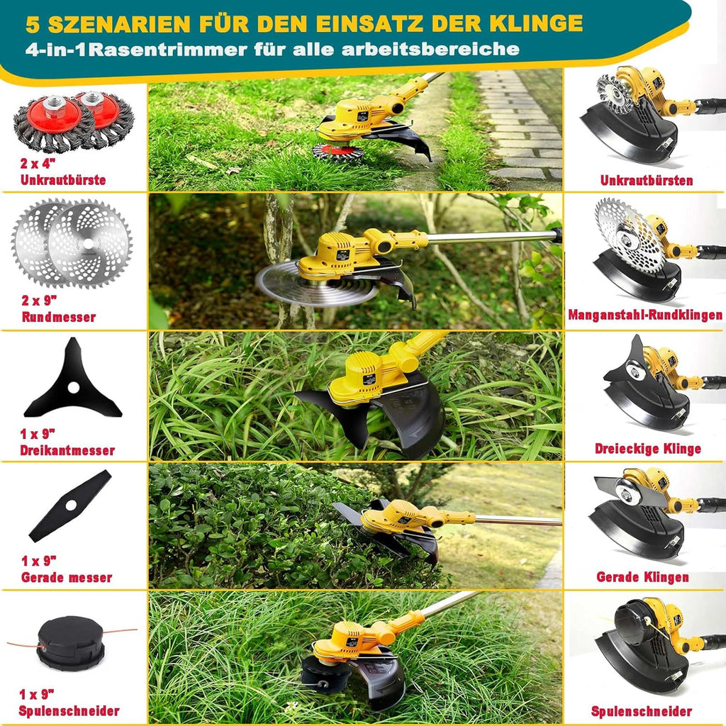 Akku Rasentrimmer mit Akku und Unkrautbürste, Rasentrimmer mit Akku mit 5 Klingentypen, 21 V Bürstenlose Freischneider Akku, mit 2 Akku 4.0Ah für Garden Trimmen (Grau)