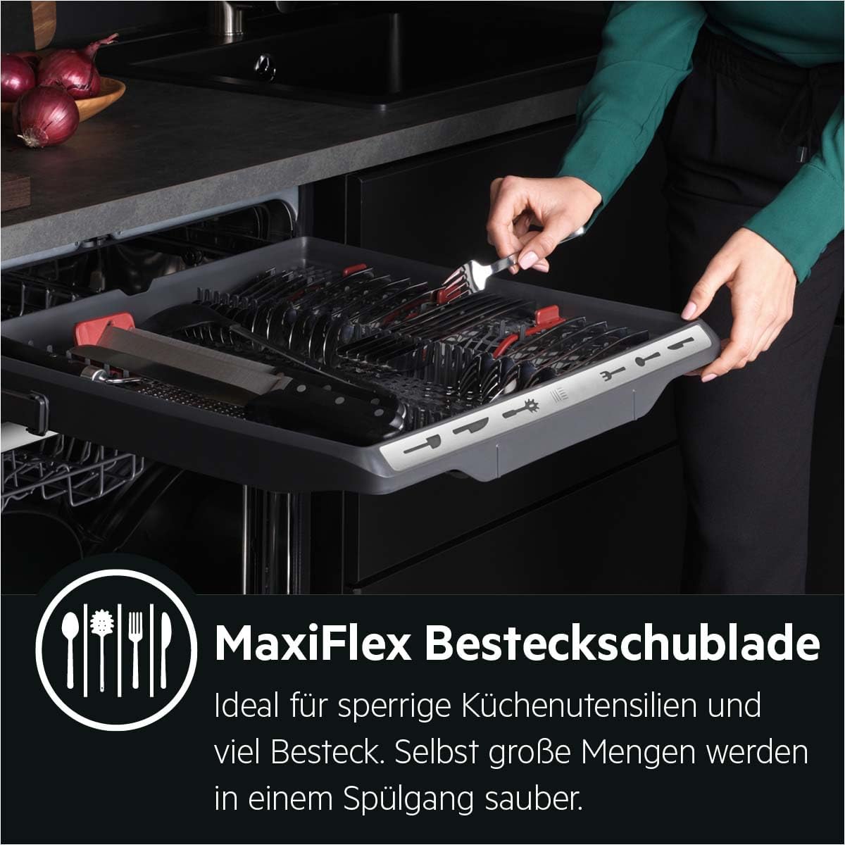 AEG Vollintegrierter Geschirrspüler 60cm, Spülmaschine Serie 7000: mit Glasschutz, Energieklasse A, Besteckschublade, personalisierte Zeit-Steuerung, leise 41dB, ComfortRails, Wasserstopp, FSE7676AP