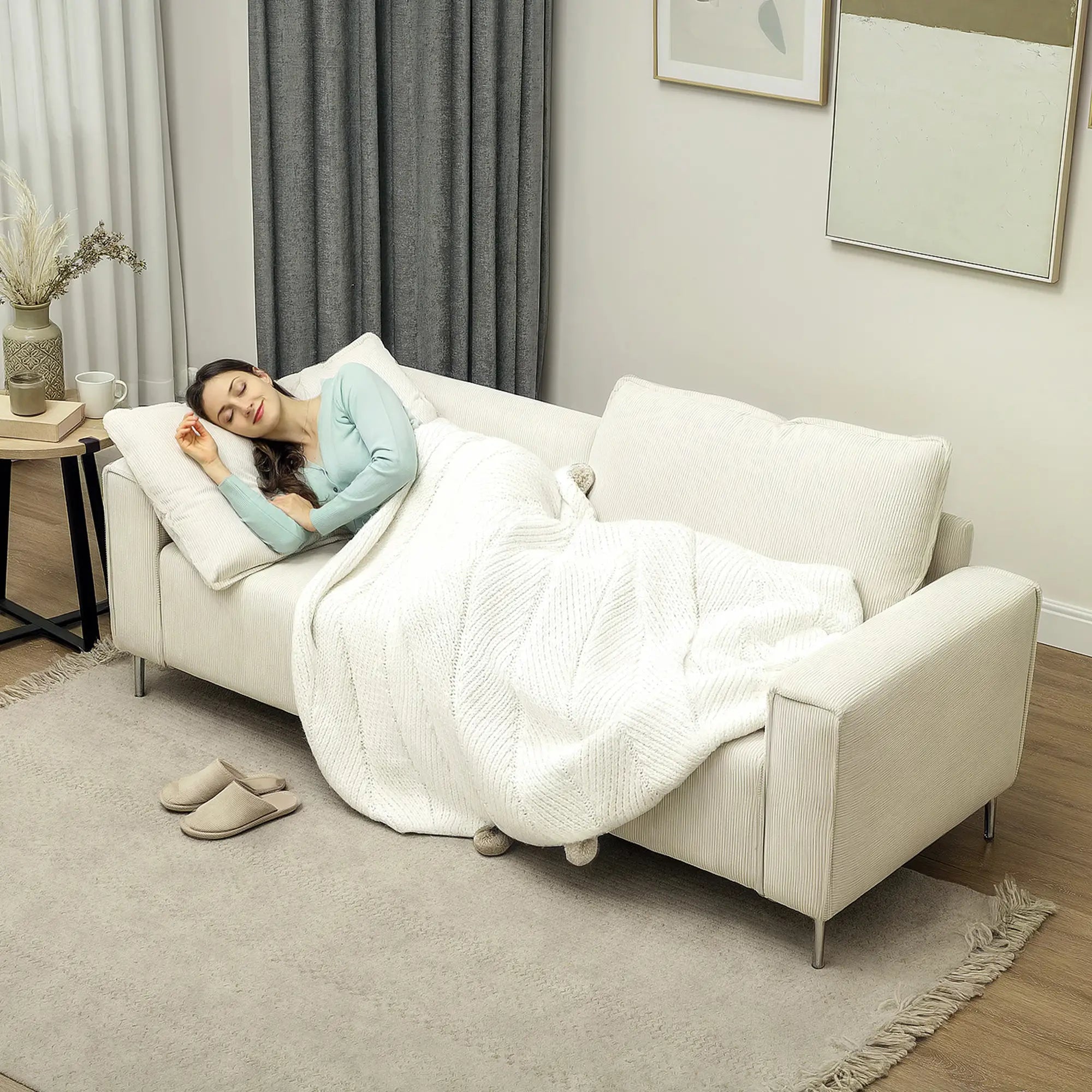 HOMCOM Dreisitzer Sofa Couch mit Federkern und Rückenkissen Cremeweiß