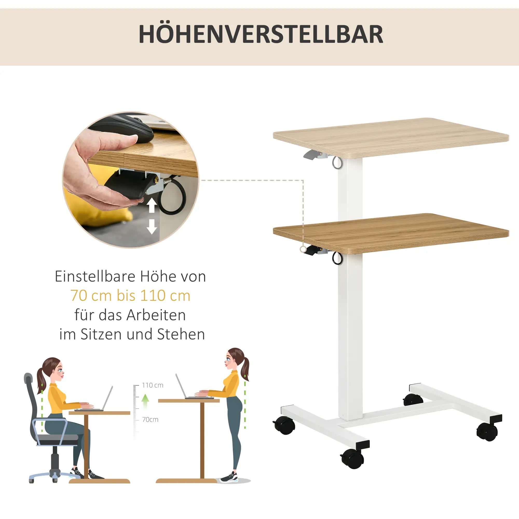 HOMCOM Steh-Sitz-Schreibtisch höhenverstellbar mit Rollen Weiß