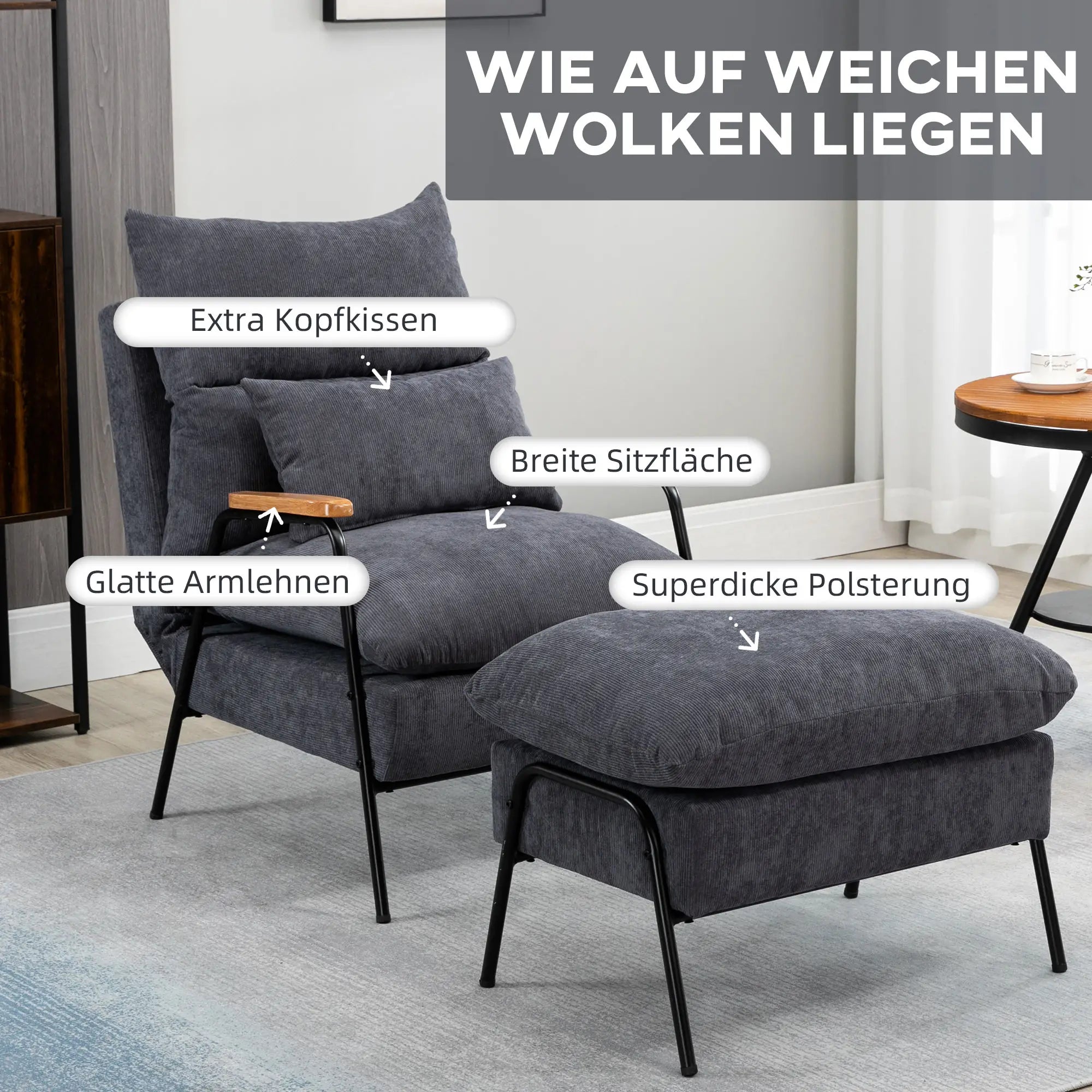 HOMCOM Relaxsessel mit Hocker verstellbare Rückenlehne Set Cord Grau