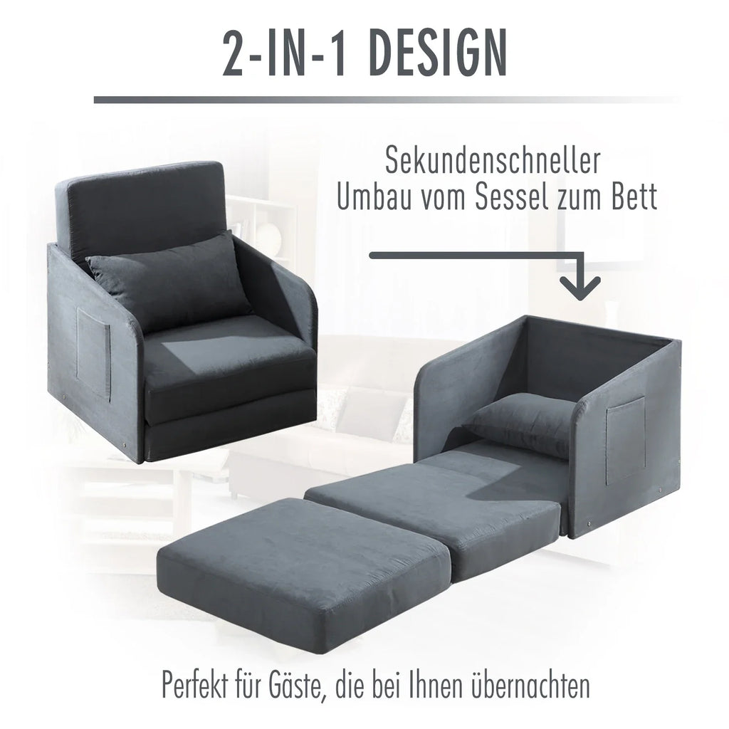 HOMCOM Schlafsessel mit Schlaffunktion und 2 Seitentaschen Wildlederimitat