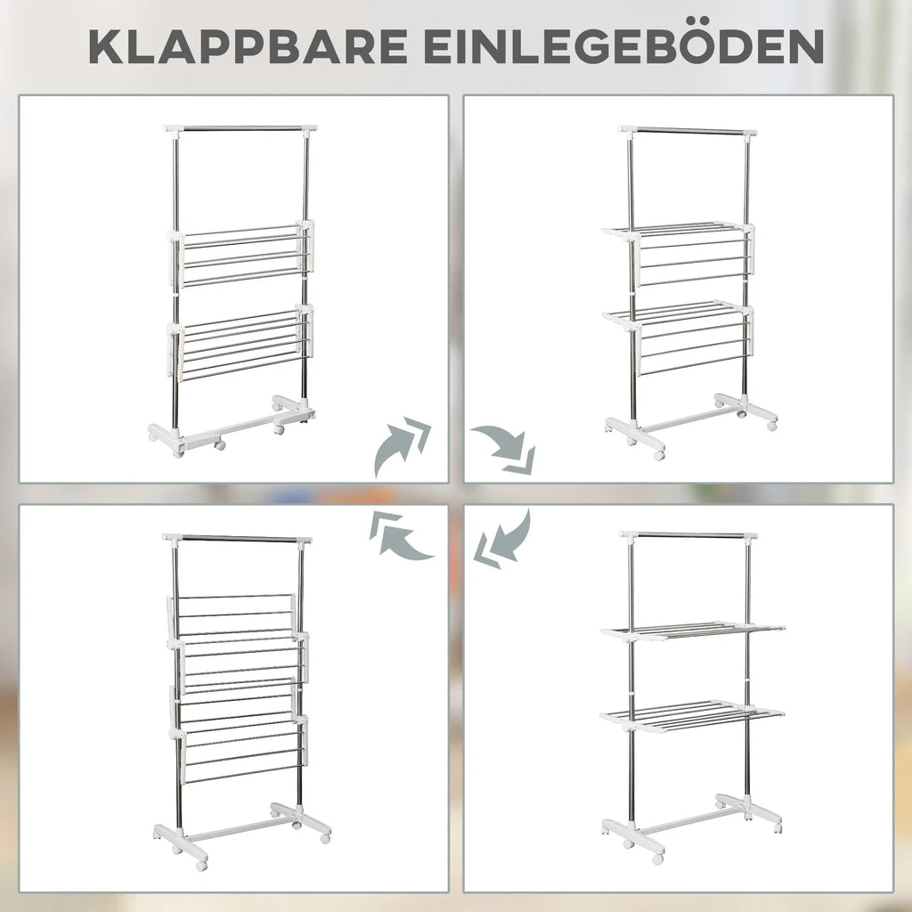 HOMCOM Wäscheständer höhenverstellbar mit Rollen 2 Ebenen