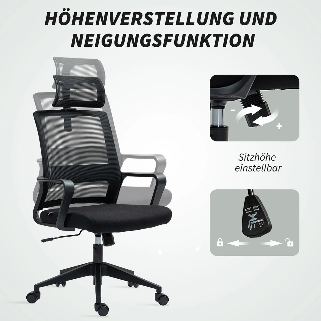 HOMCOM Ergonomischer Bürostuhl mit verstellbarer Kopfstütze, Schwarz
