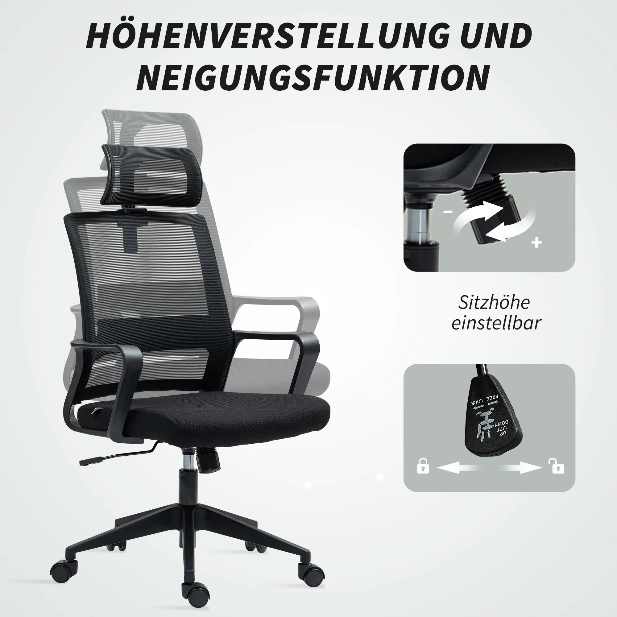 HOMCOM Ergonomischer Bürostuhl mit verstellbarer Kopfstütze, Schwarz