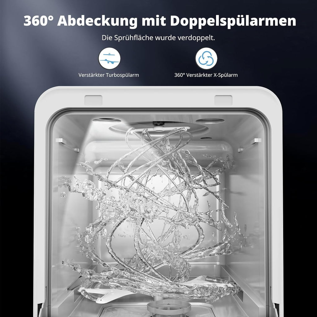 AIRMSEN Tischgeschirrspüler Mini Geschirrspüler mit wassertank klarspüler spülmaschine mit 9 Programme 37 * 50cm Ultra-Schmal & Tief, 1-24H Timer, 360° Doppelspray Schlauch-/Schlauchlos Weiß (Weiß)