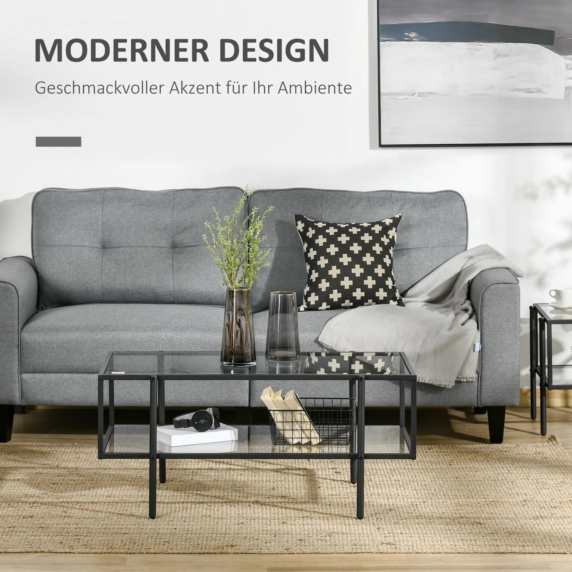 HOMCOM Couchtisch mit Ablagefach Glas Sofatisch elegantes Design