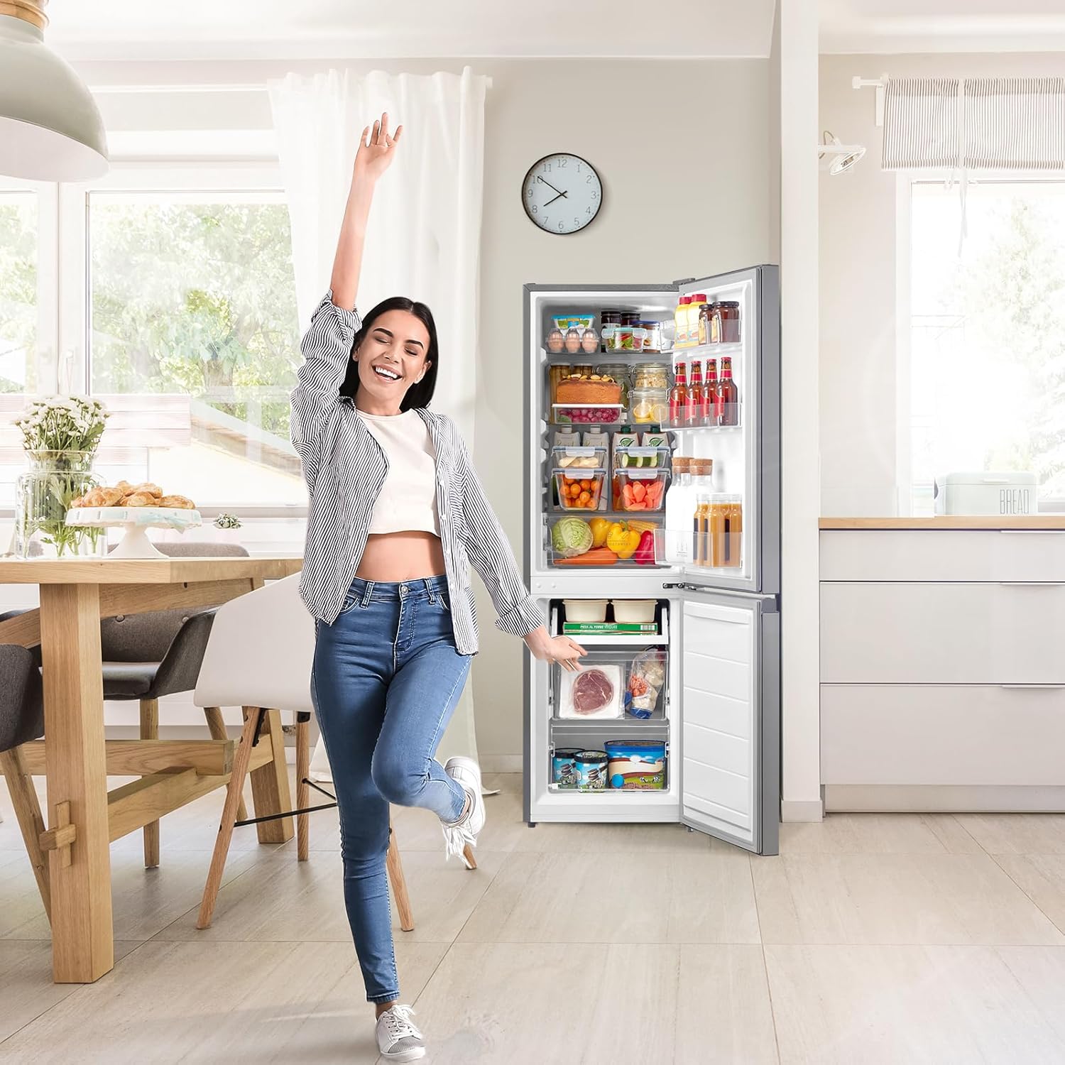 Comfee' RCB169DK3 Kühlschrank mit Gefrierfach 150cm Höhe/Kühl-/Gefrierkombination/Low Frost/174L/leise Kühlgefrierkombi 38dB/Einstellbare Kühlschranktemperatur/LED-Licht/156 kWh/Jahr/Schwarz