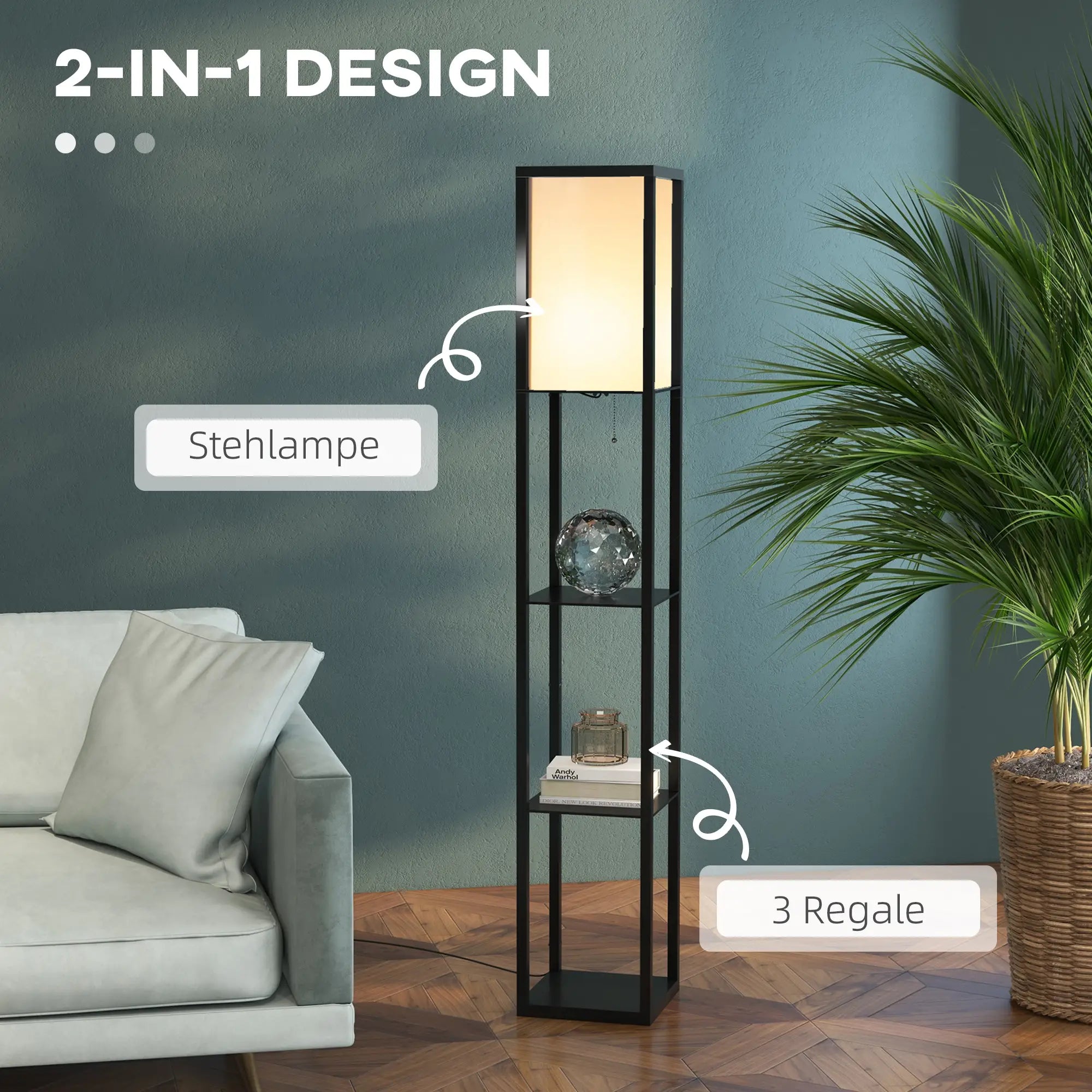 HOMCOM Stehleuchte mit Regal und sanftem Licht für Wohnzimmer