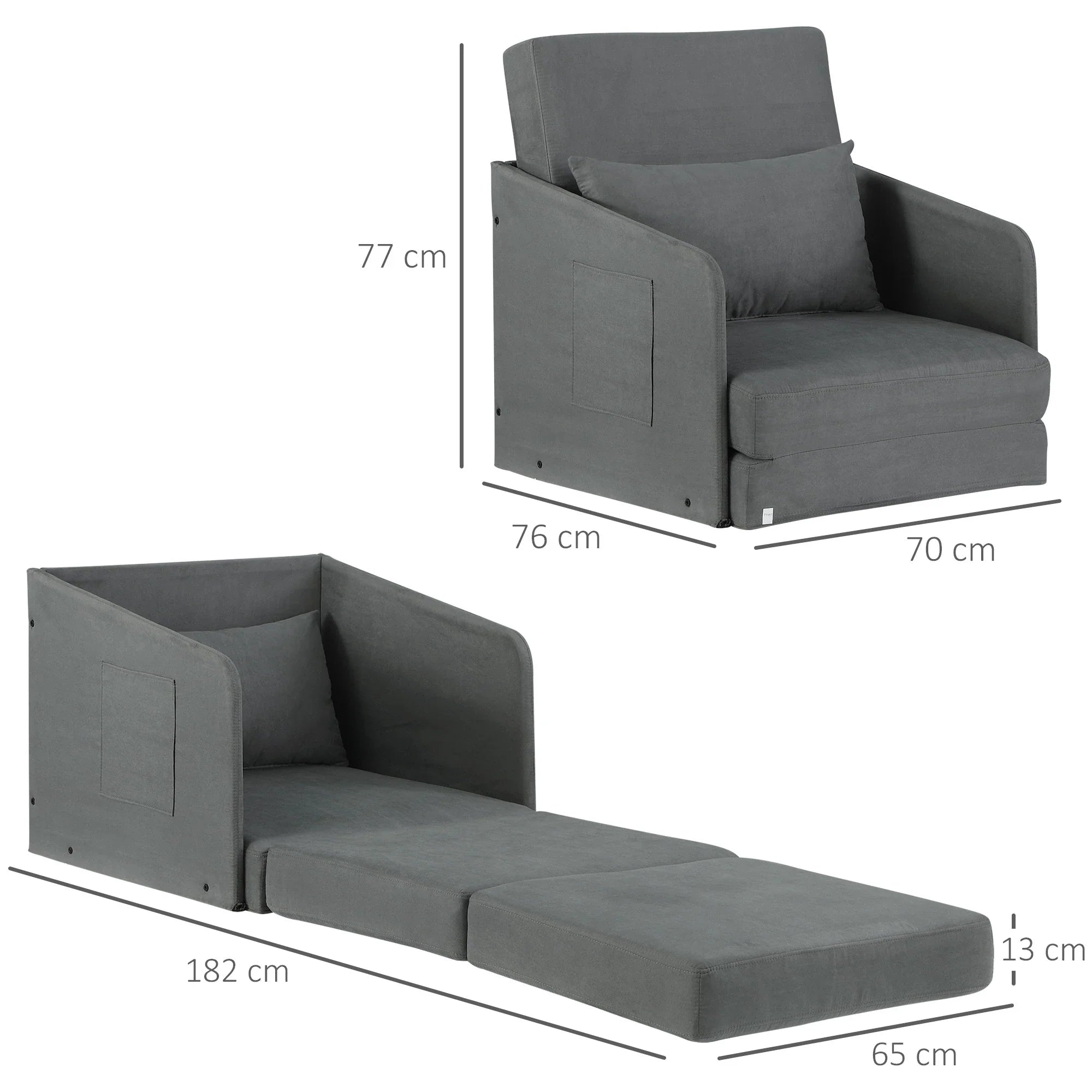 HOMCOM Schlafsessel mit Schlaffunktion und 2 Seitentaschen Wildlederimitat