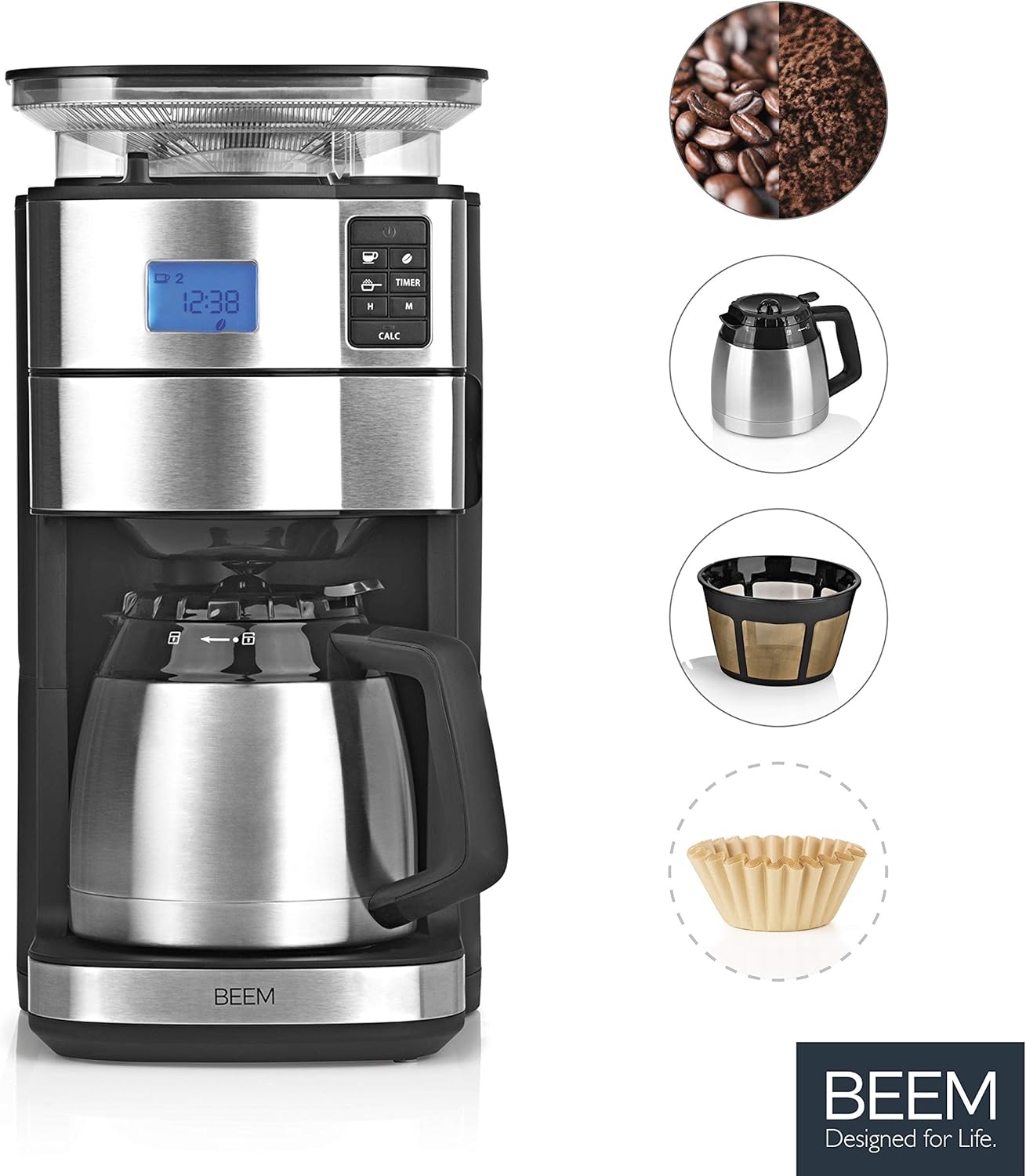BEEM FRESH-AROMA-PERFECT II Filterkaffeemaschine mit Mahlwerk - Thermo | Edelstahl | Thermokanne | 24h-Timer | 1000 W | 180 g Bohnenbehälter