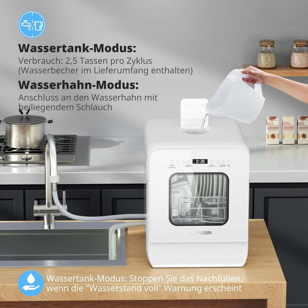 AIRMSEN Tischgeschirrspüler Mini Geschirrspüler mit wassertank klarspüler spülmaschine mit 9 Programme 37 * 50cm Ultra-Schmal & Tief, 1-24H Timer, 360° Doppelspray Schlauch-/Schlauchlos Weiß (Weiß)