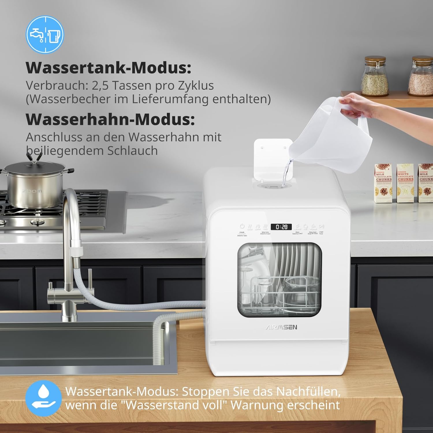 AIRMSEN Tischgeschirrspüler Mini Geschirrspüler mit wassertank klarspüler spülmaschine mit 9 Programme 37 * 50cm Ultra-Schmal & Tief, 1-24H Timer, 360° Doppelspray Schlauch-/Schlauchlos Weiß (Weiß)