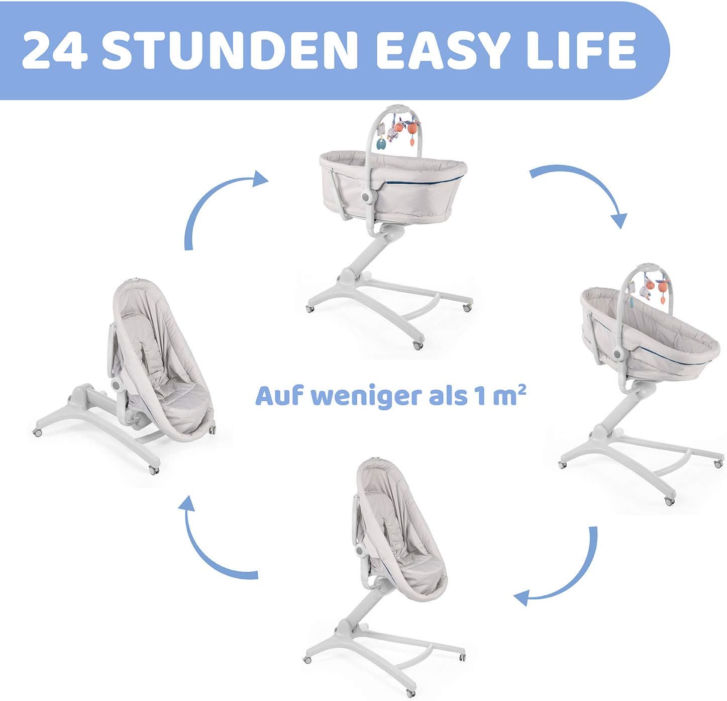 Chicco Baby Hug 4 in 1 Stubenwagen ab 0 Monate, Erhöhte Babyliege, Babybett, Hochstuhl mit Spielbogen, bis 15 kg, Verstellbare Rückenlehne, Verstellbare Höhe und 4 Räder