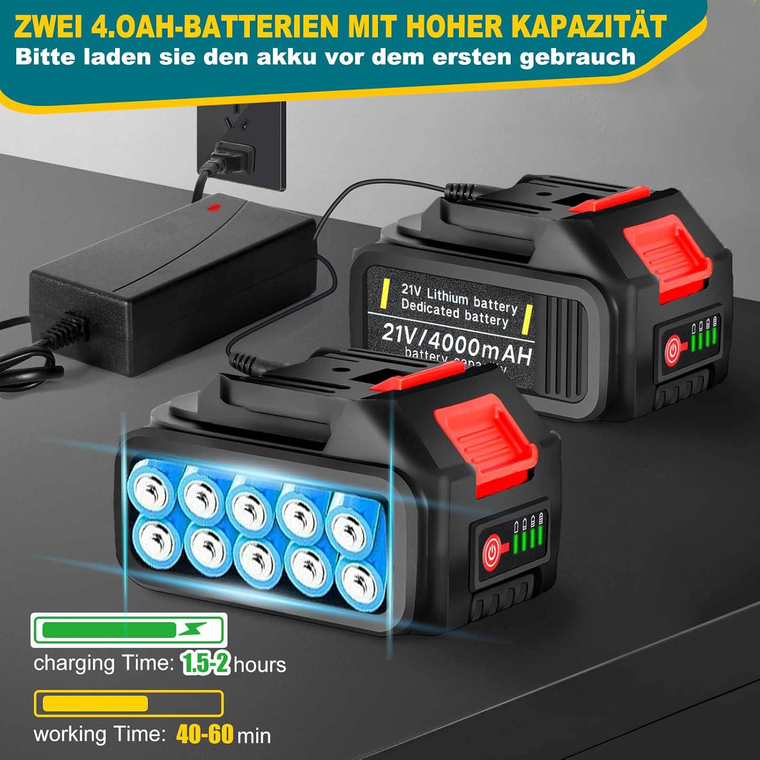 Akku Rasentrimmer mit Akku und Unkrautbürste, Rasentrimmer mit Akku mit 5 Klingentypen, 21 V Bürstenlose Freischneider Akku, mit 2 Akku 4.0Ah für Garden Trimmen (Grau)