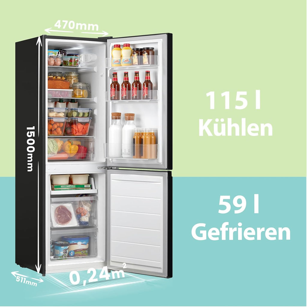 Comfee' RCB169DK3 Kühlschrank mit Gefrierfach 150cm Höhe/Kühl-/Gefrierkombination/Low Frost/174L/leise Kühlgefrierkombi 38dB/Einstellbare Kühlschranktemperatur/LED-Licht/156 kWh/Jahr/Schwarz