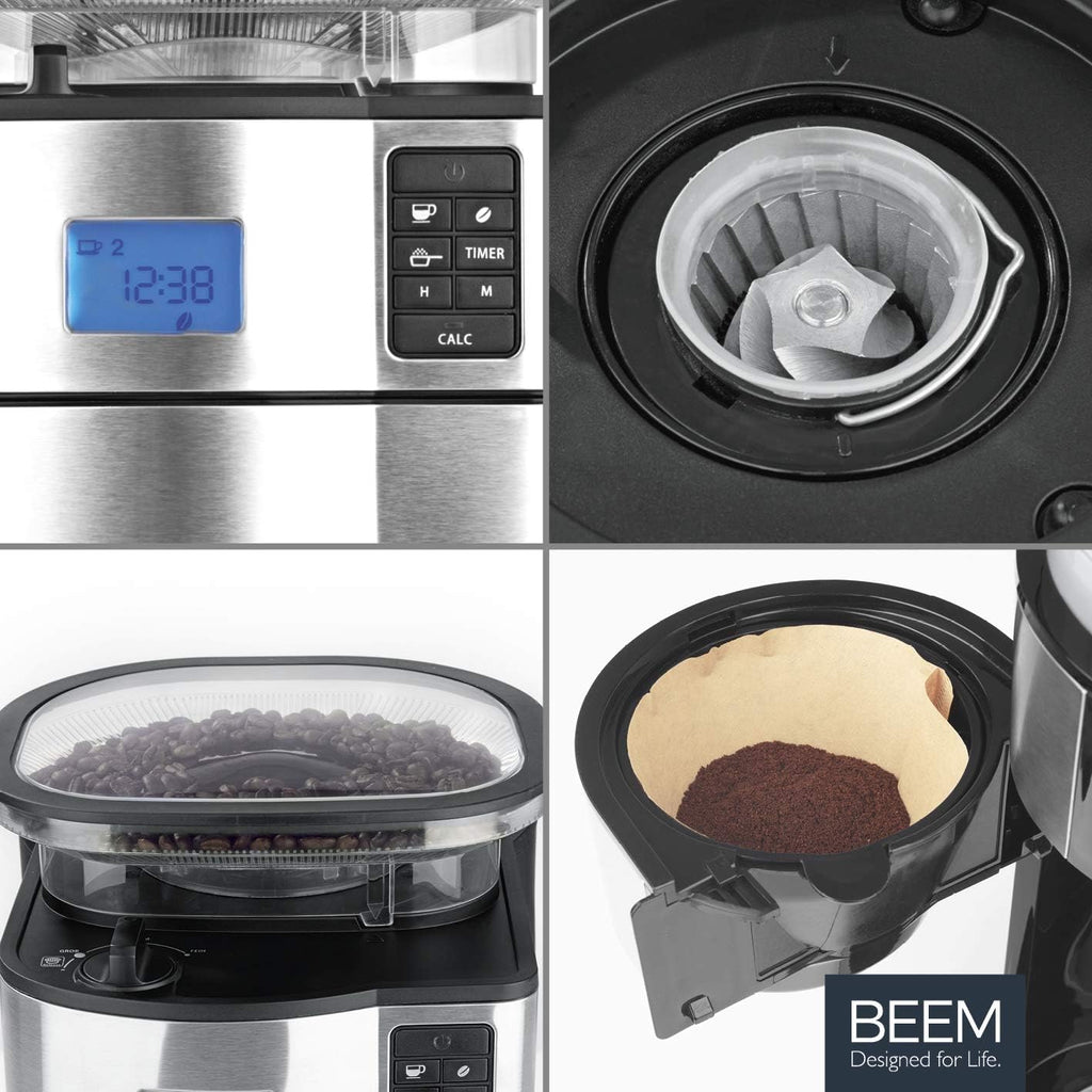BEEM FRESH-AROMA-PERFECT II Filterkaffeemaschine mit Mahlwerk - Thermo | Edelstahl | Thermokanne | 24h-Timer | 1000 W | 180 g Bohnenbehälter