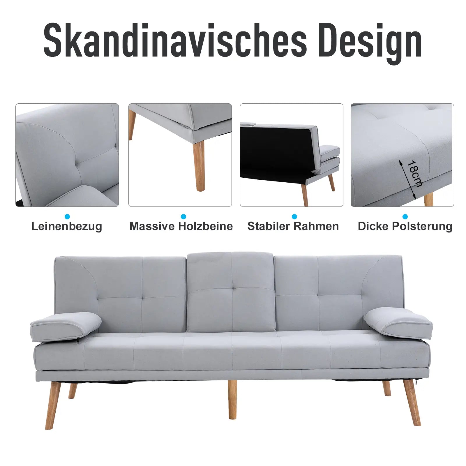 HOMCOM Schlafsofa 3-Sitzer mit verstellbarer Rückenlehne & Tisch hellgrau