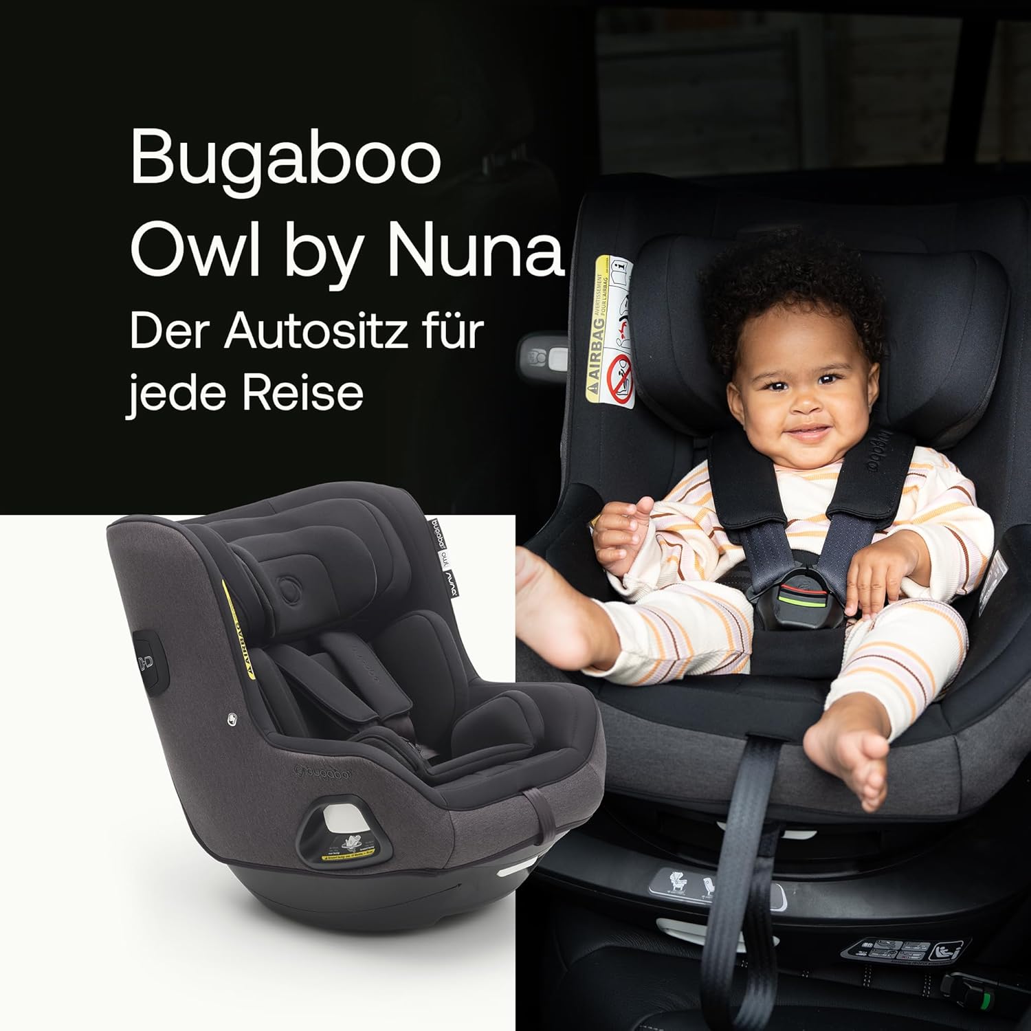 Bugaboo Owl by Nuna Isofix Kindersitz von der Geburt bis 4 Jahre, 0-18 kg. 360 Grad drehbar, Gruppe 0+/1, ultimativer Komfort und Sicherheit, verstärkte Schale und seitlicher Aufprallschutz, Grey