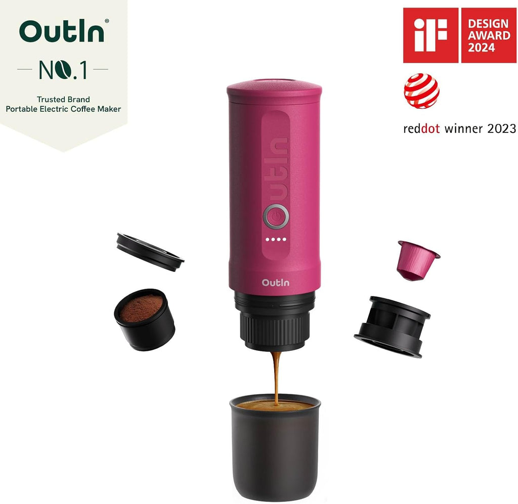 OutIn Nano Tragbare Espressomaschine mit Akku, für unterwegs oder Camping, Kaffeemaschine to go, mit elektrischer Selbsterhitzung über USB - C, 2 in 1 für gemahlenen kaffee und NS - kapseln