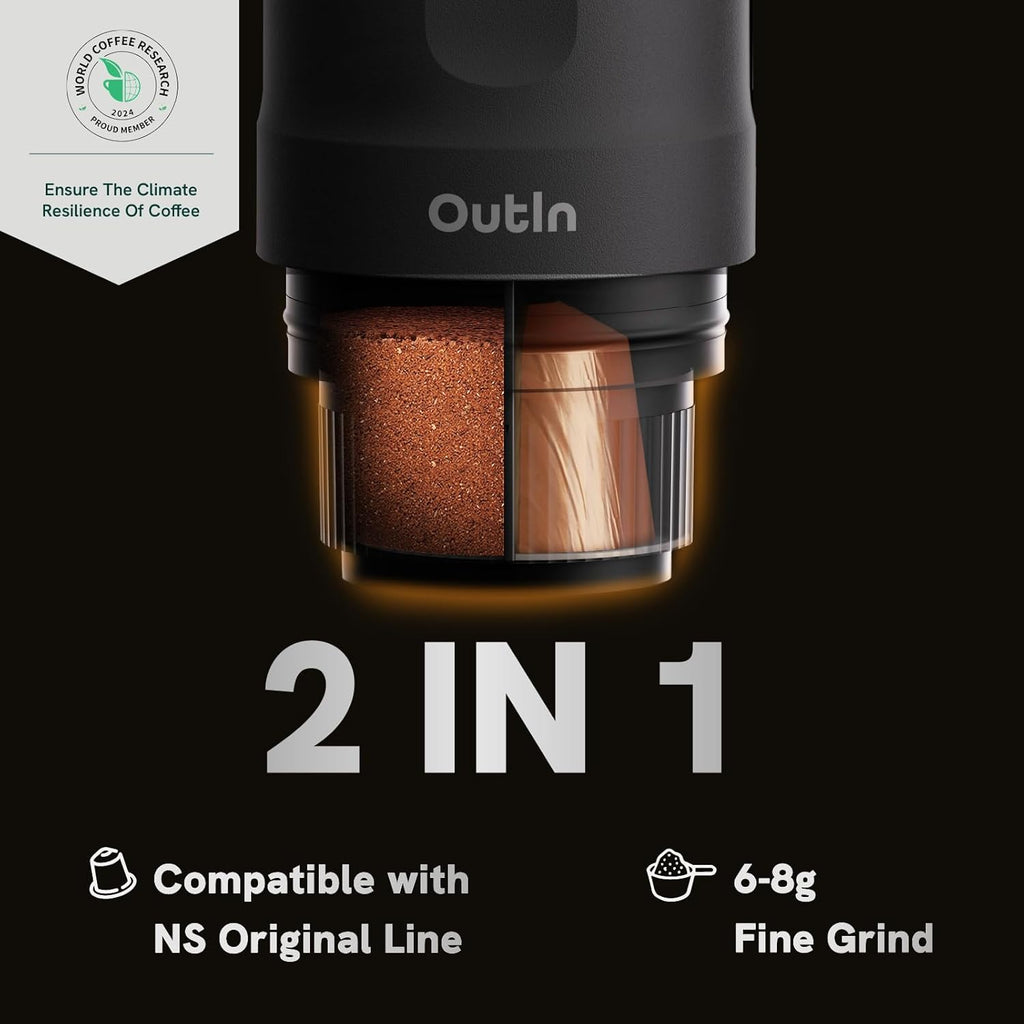 OutIn Nano Tragbare Espressomaschine mit Akku, für unterwegs oder Camping, Kaffeemaschine to go, mit elektrischer Selbsterhitzung über USB - C, 2 in 1 für gemahlenen kaffee und NS - kapseln