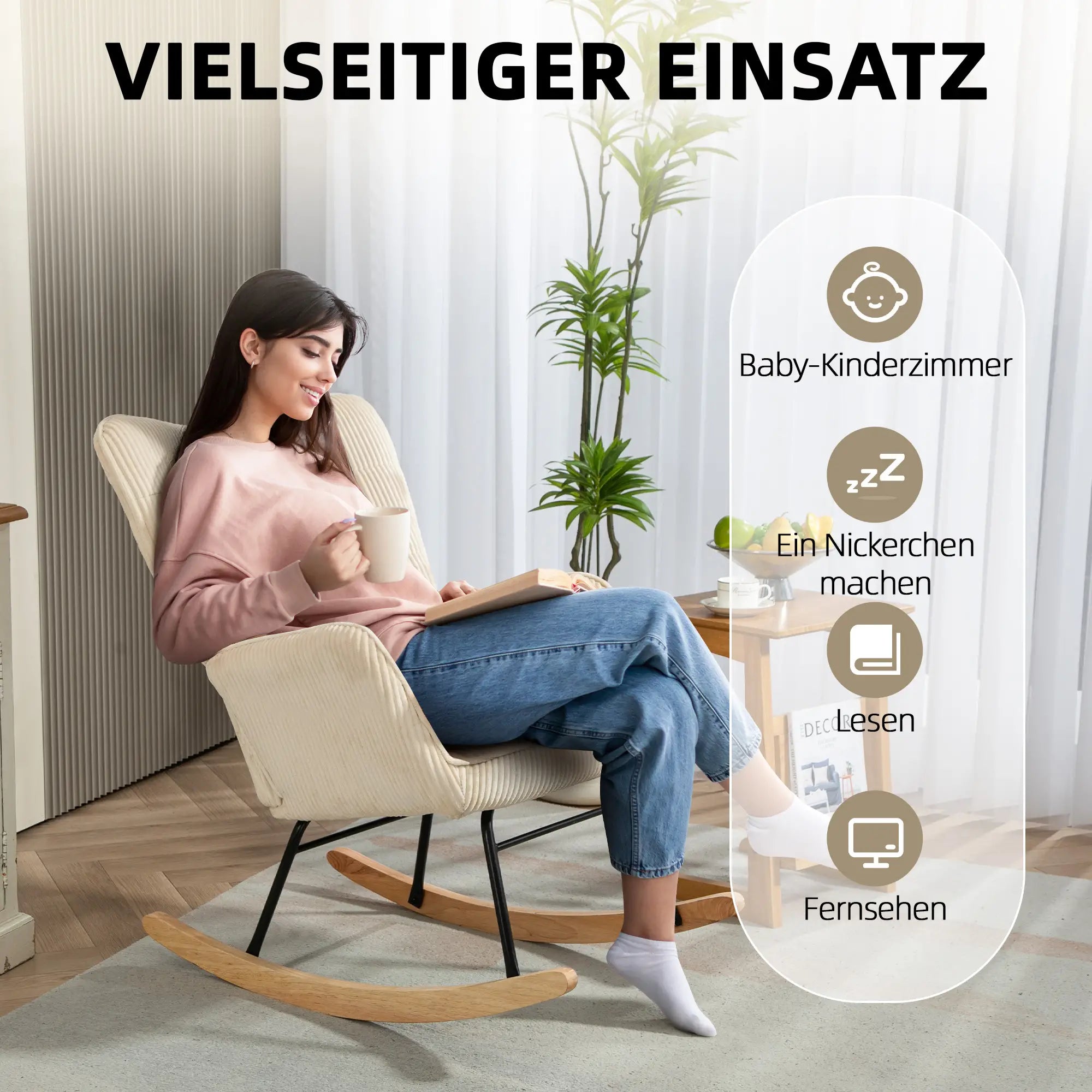 HOMCOM Schaukelstuhl mit Kordoptik & Holzkufen – Beige